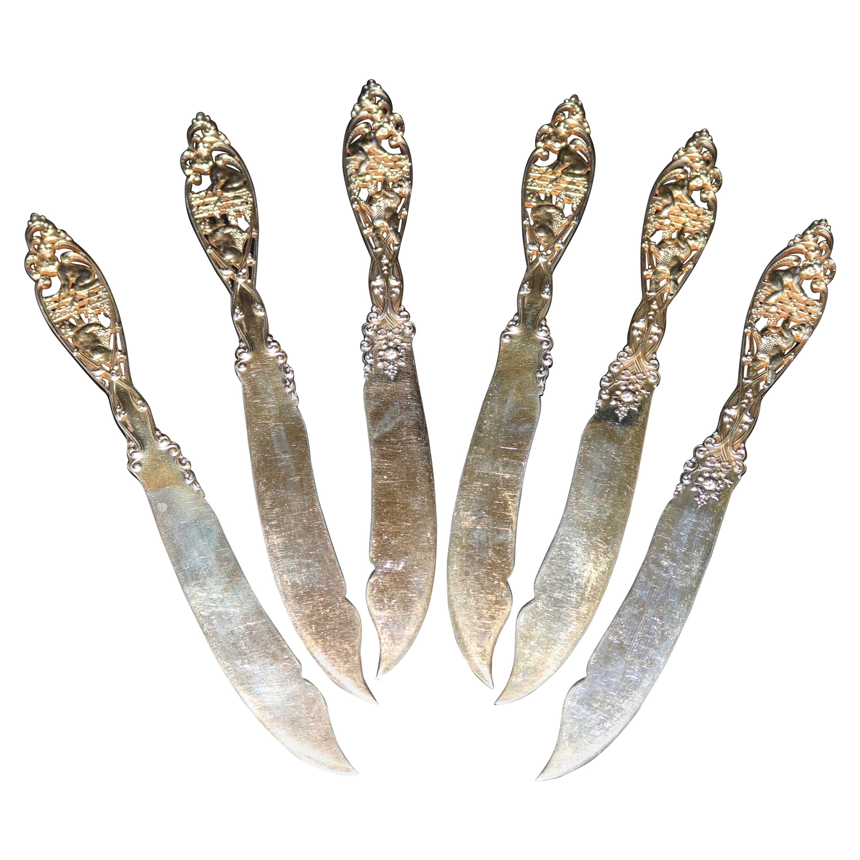 Six Gold Wash Sterling Silver "Labors of Cupid" Knives by Dominick and Haff