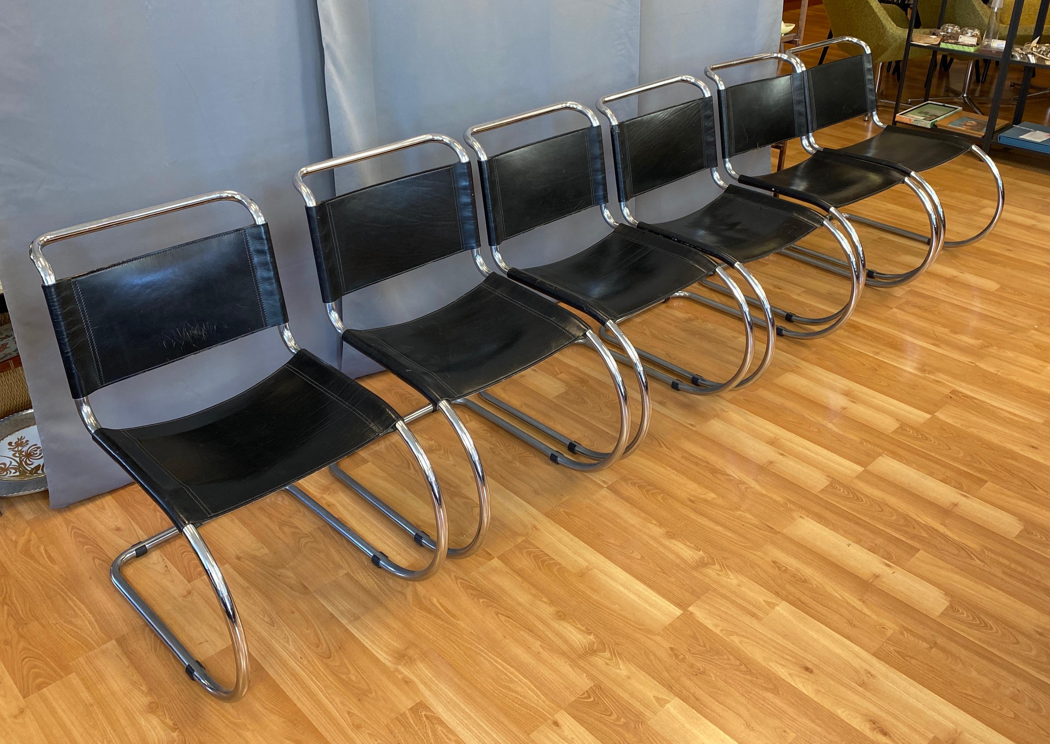 Offered here are six cantilevered chairs, designed by Ludwig Mies van der Rohe, and made by Gordon International circa 1970s
All glides are on chairs, belt leather seat and back, chrome plated tubular steel frame.