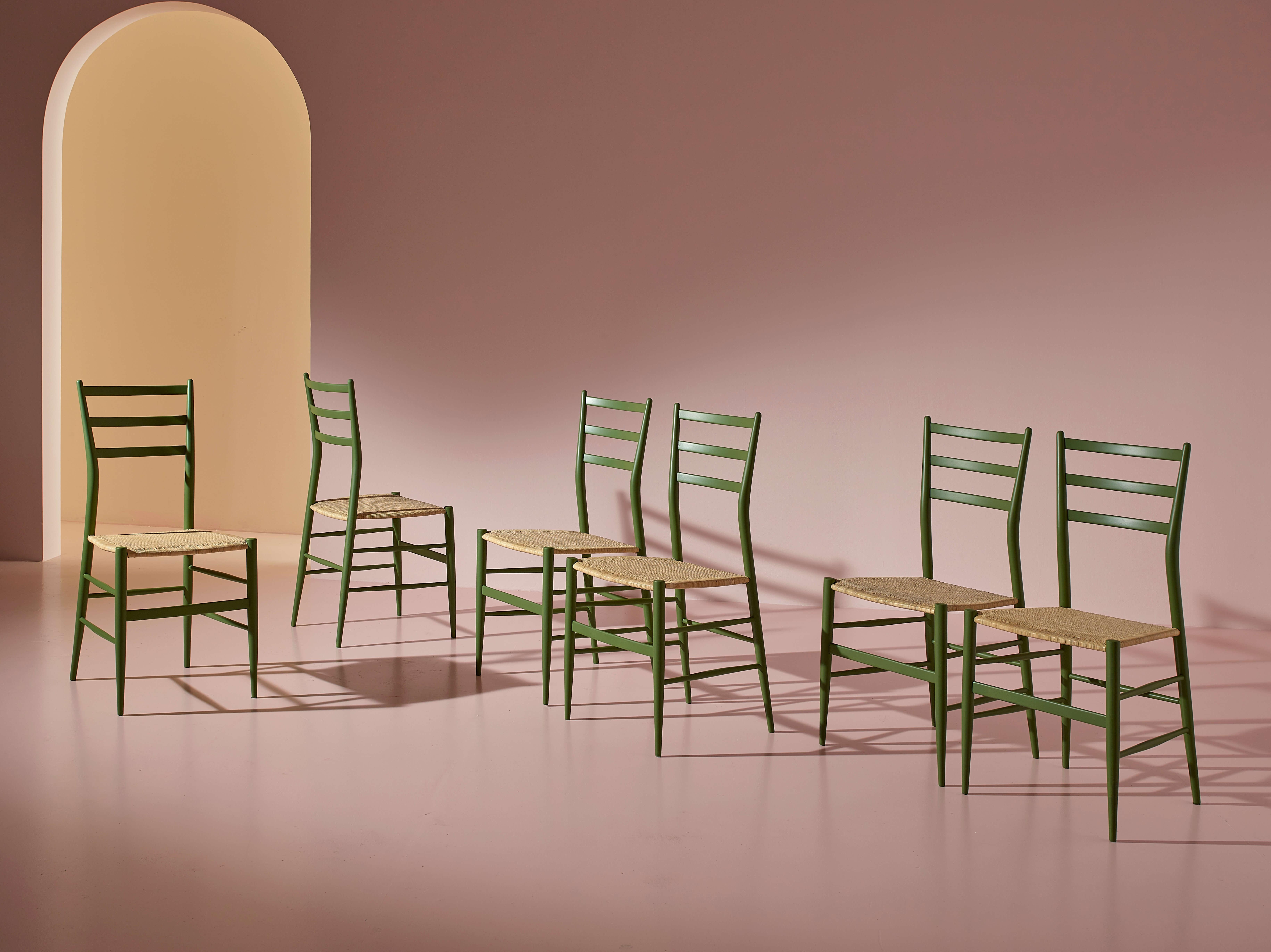 Six green-stained beech chairs model 