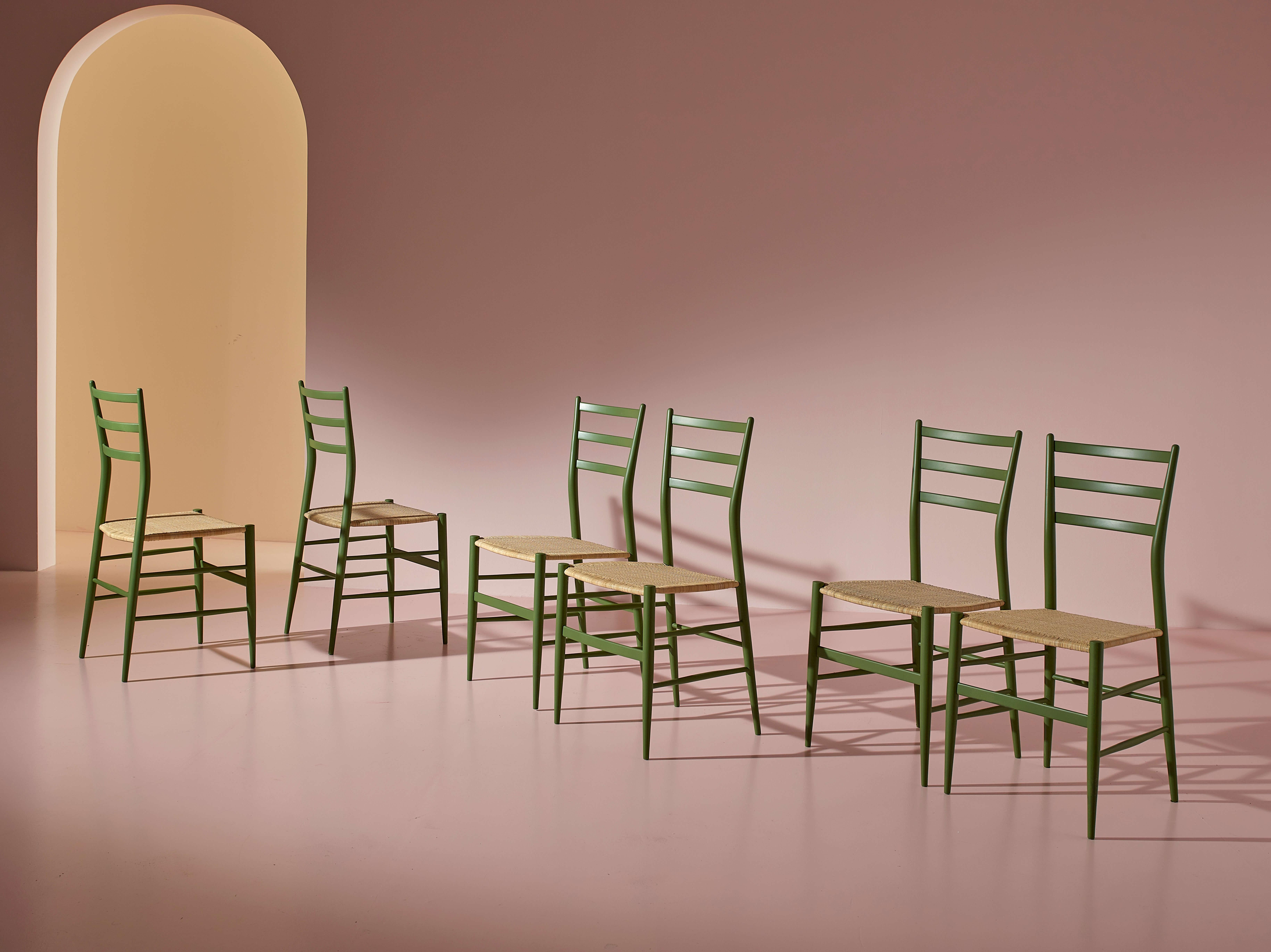 Six green-stained beech chairs model 