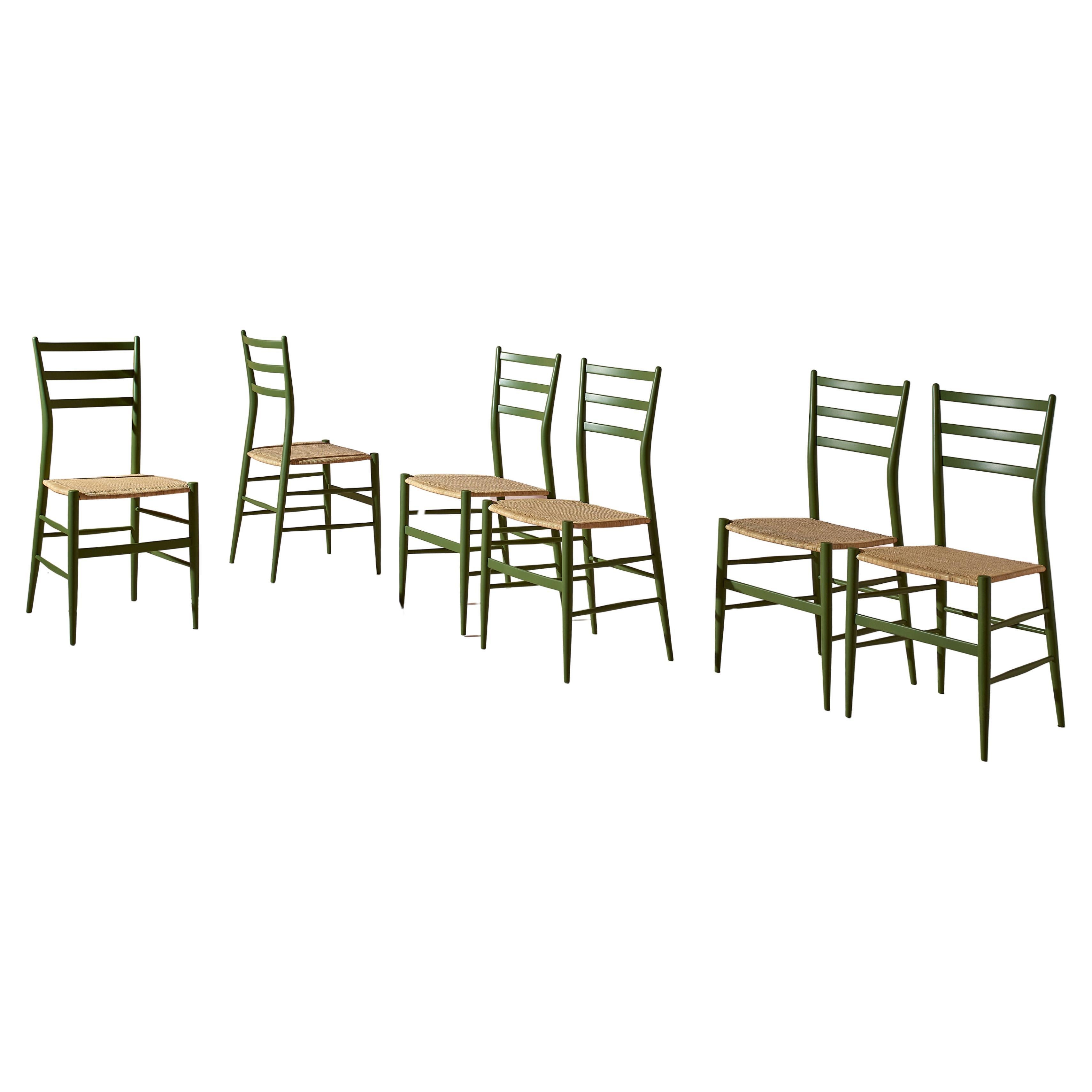 Six green-stained beech chairs model "Tre Stecche" by SAC Chiavari, Italy, 1960s For Sale