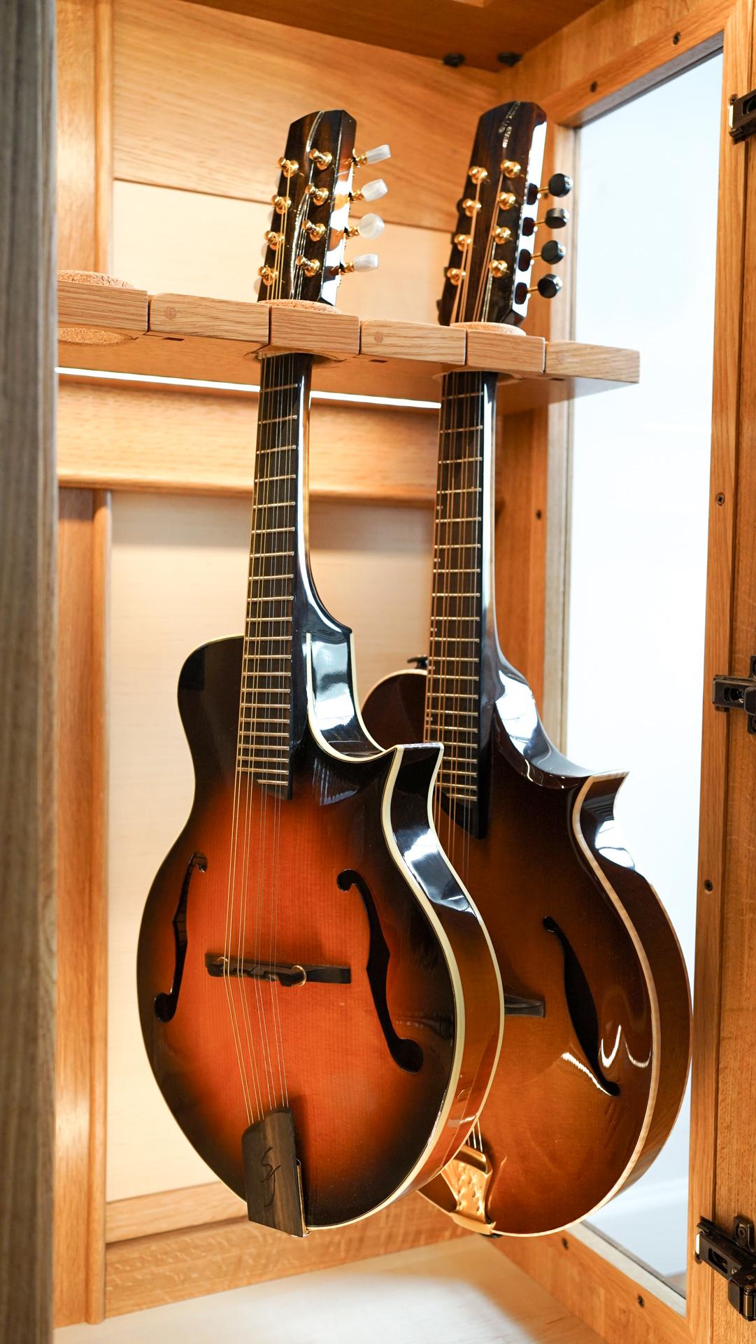 The String Habitat is a humidity-controlled display cabinet designed to house smaller stringed instruments like fiddles, violins, mandolins, mandolas, and ukuleles. Instruments suspend safely in our “Gallows” neck rest, a hand-carved, unique solid