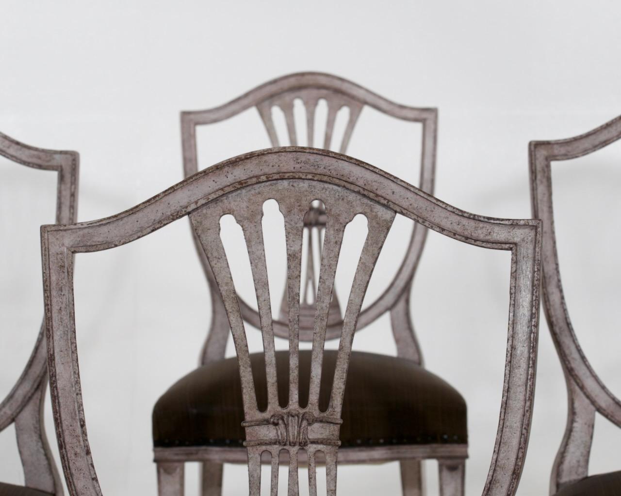 Set of six Gustavian style chairs, richly carved and original horsehair seats, early 20th Century