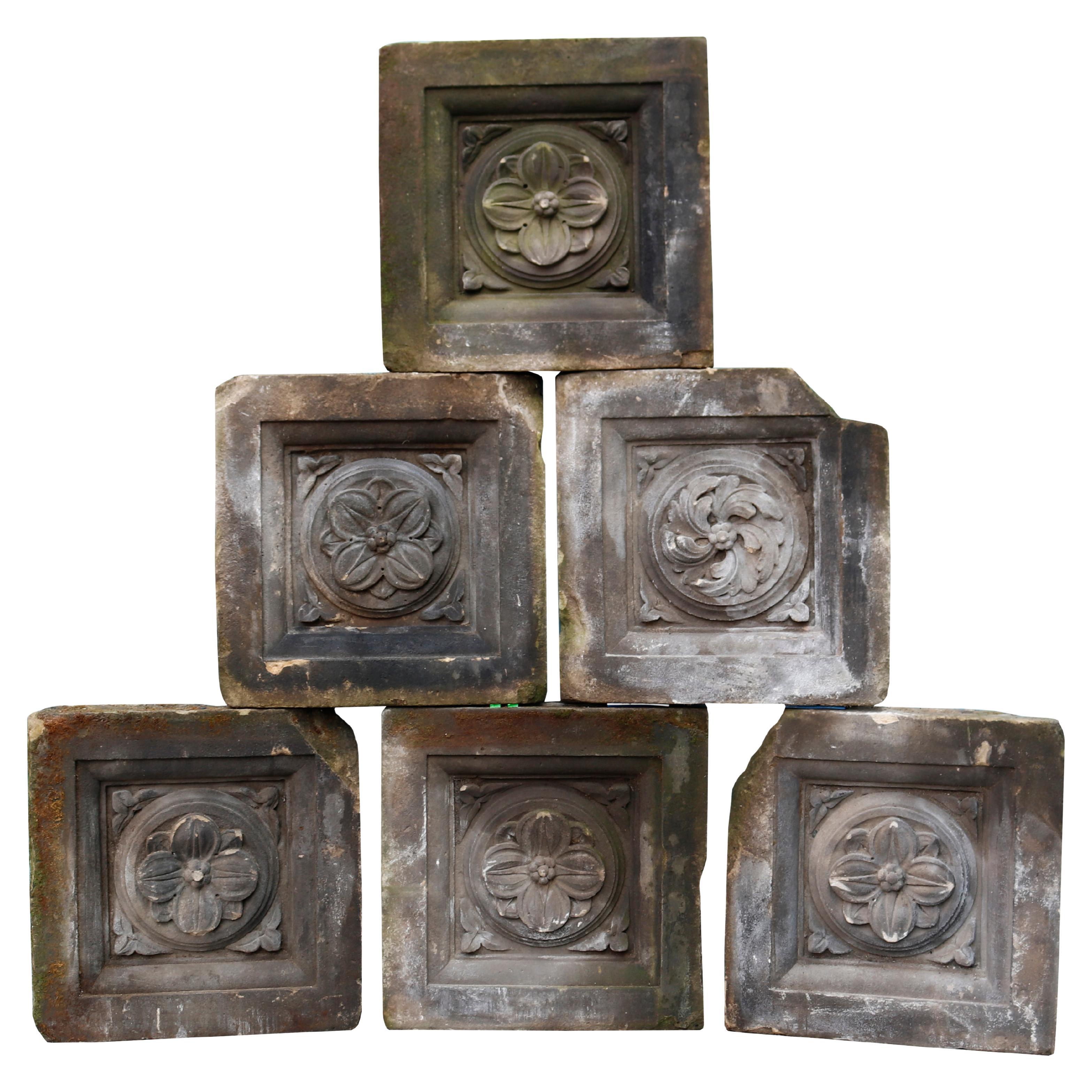 Six Hand Carved Antique York Stone Plaques For Sale