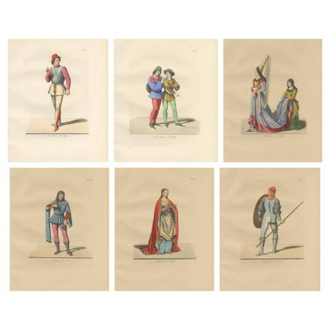 Six Hand-Colored Lithographs of Medieval Italian Costume, Circa 1860
