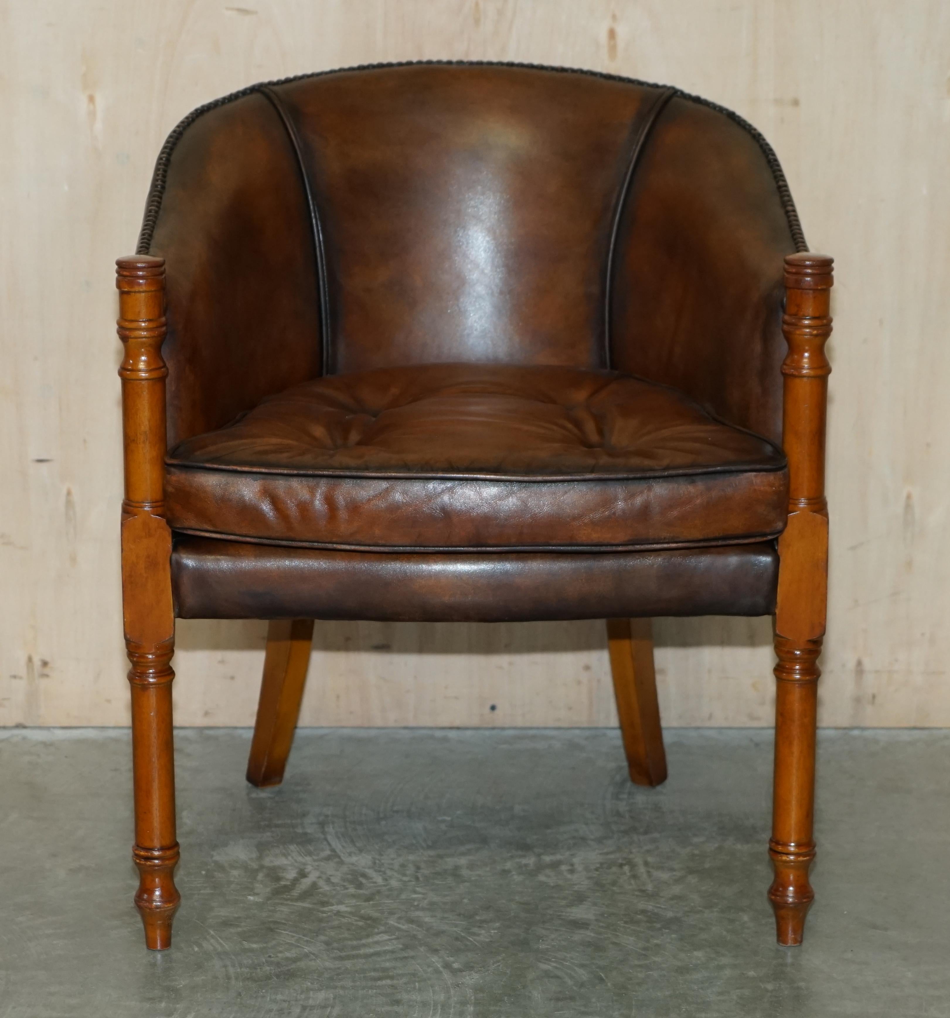 English Six Hand Dyed Brown Leather Thomas Chippendale Chesterfield Tub Club Armchairs For Sale