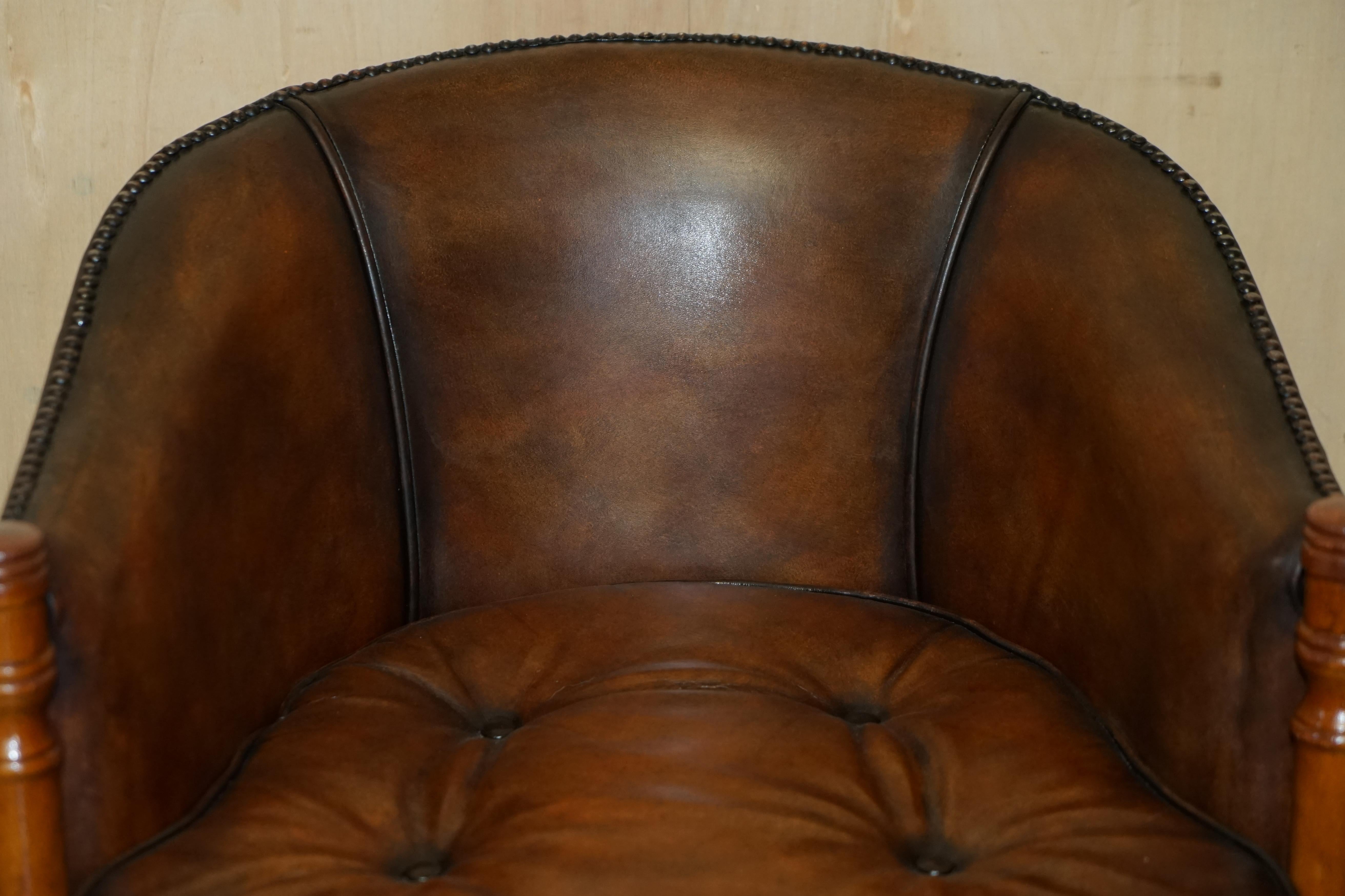 Hand-Crafted Six Hand Dyed Brown Leather Thomas Chippendale Chesterfield Tub Club Armchairs For Sale