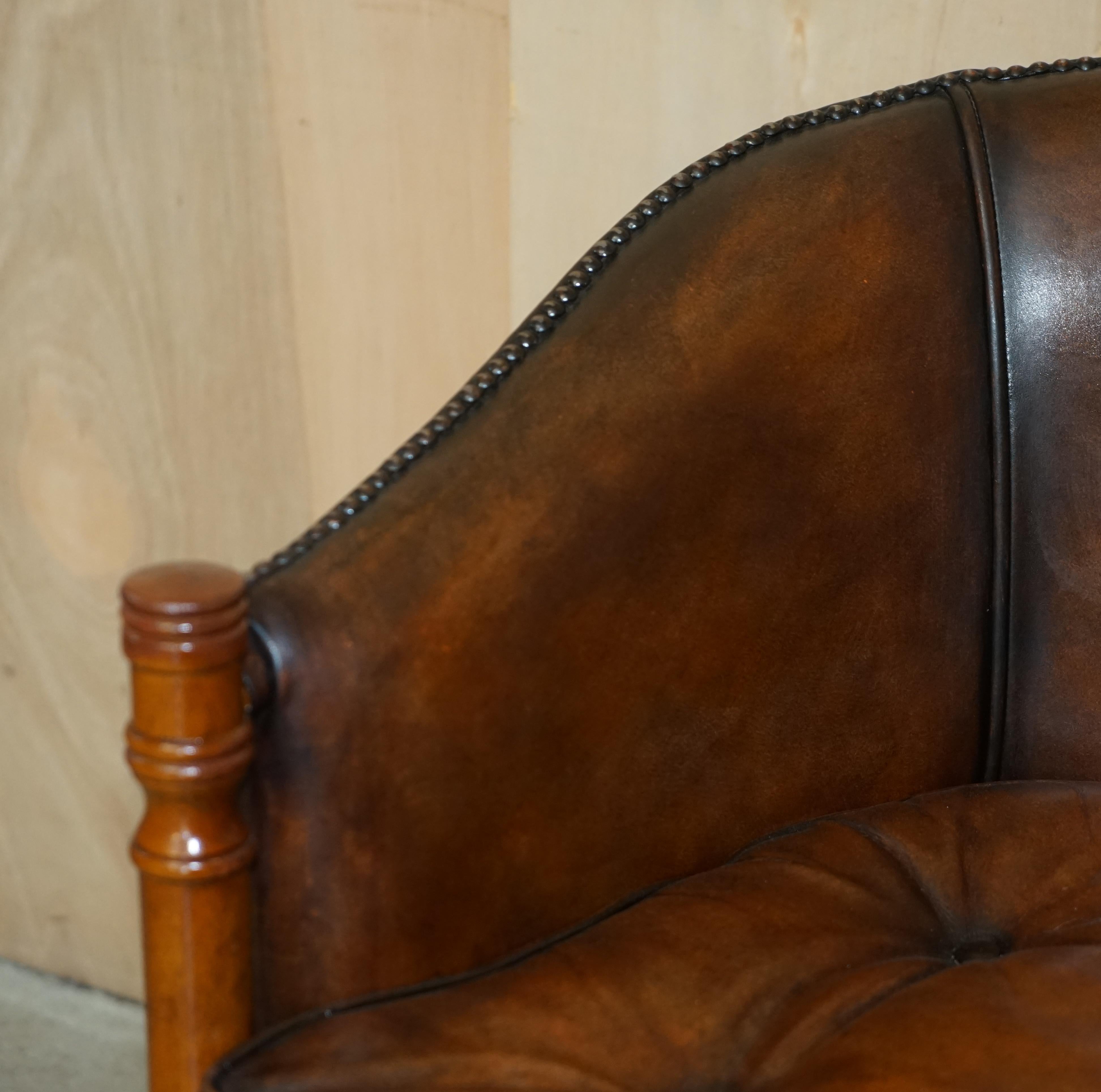 Early 20th Century Six Hand Dyed Brown Leather Thomas Chippendale Chesterfield Tub Club Armchairs For Sale