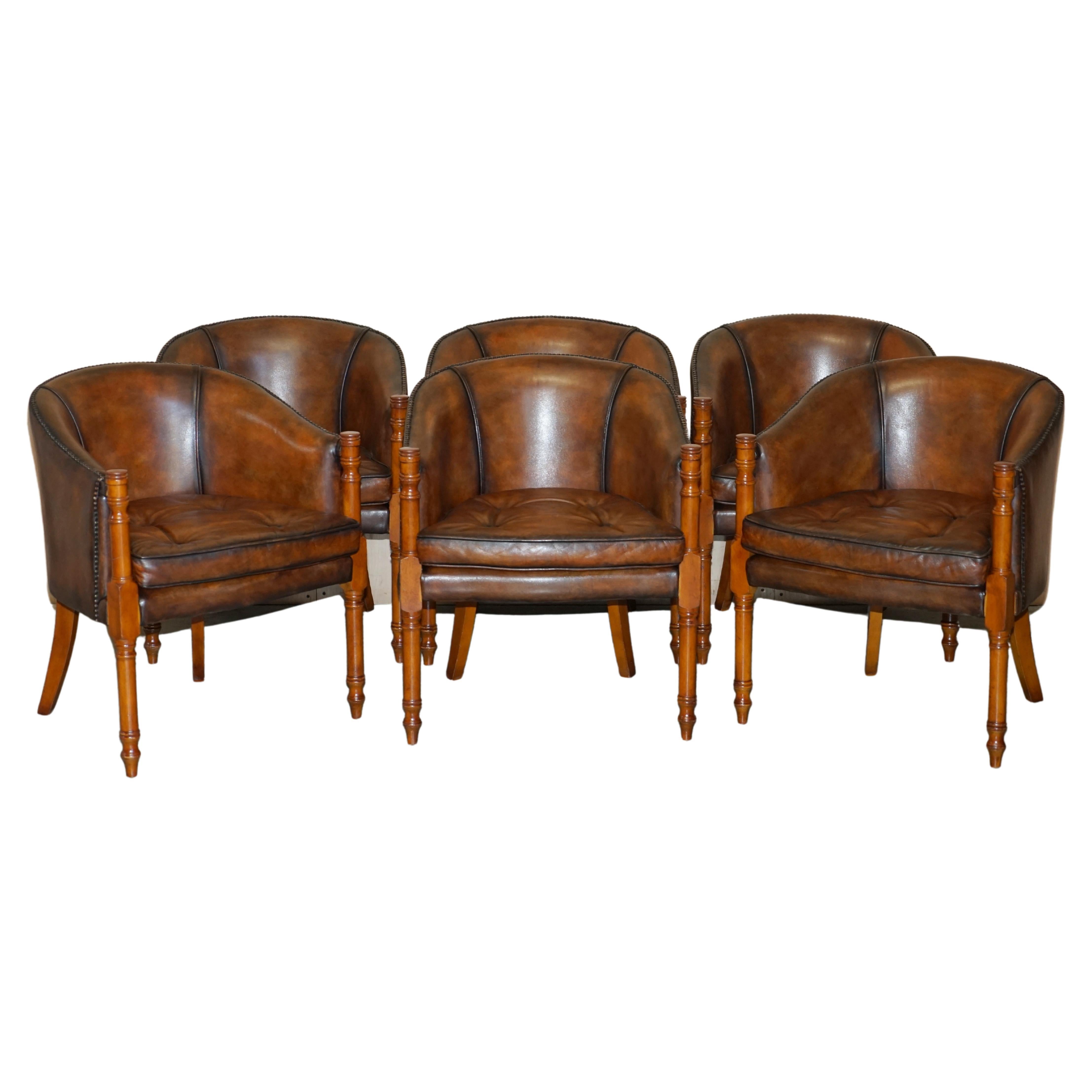 Six Hand Dyed Brown Leather Thomas Chippendale Chesterfield Tub Club Armchairs For Sale