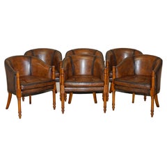 Antique Six Hand Dyed Brown Leather Thomas Chippendale Chesterfield Tub Club Armchairs