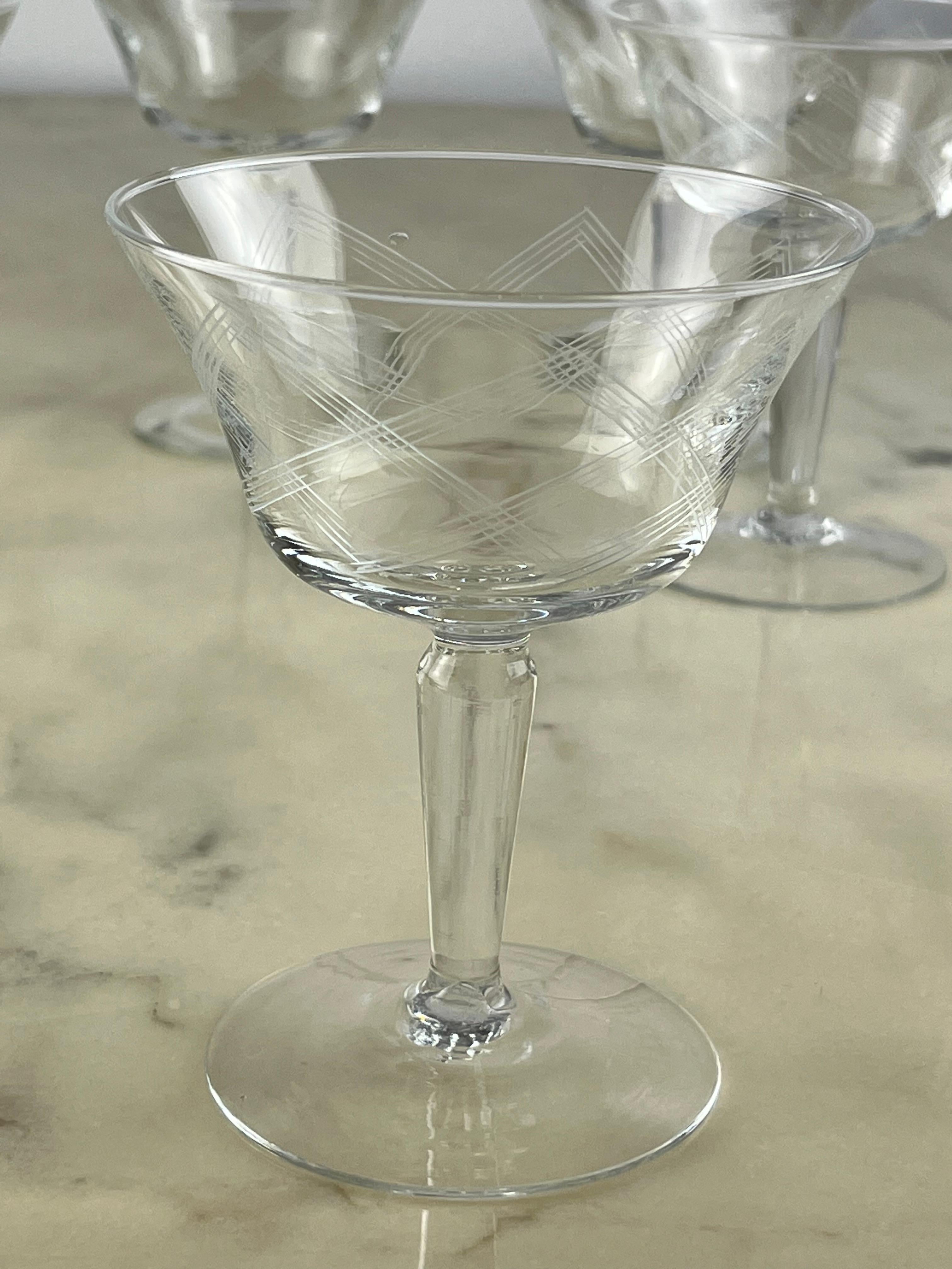 Six Hand Engraved Crystal Champagne Glasses, Italy, 1960s For Sale 1