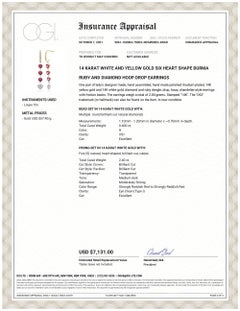 Six Heart Shape Burma Ruby and Diamond Yellow and White Gold Hoop Drop Earrings