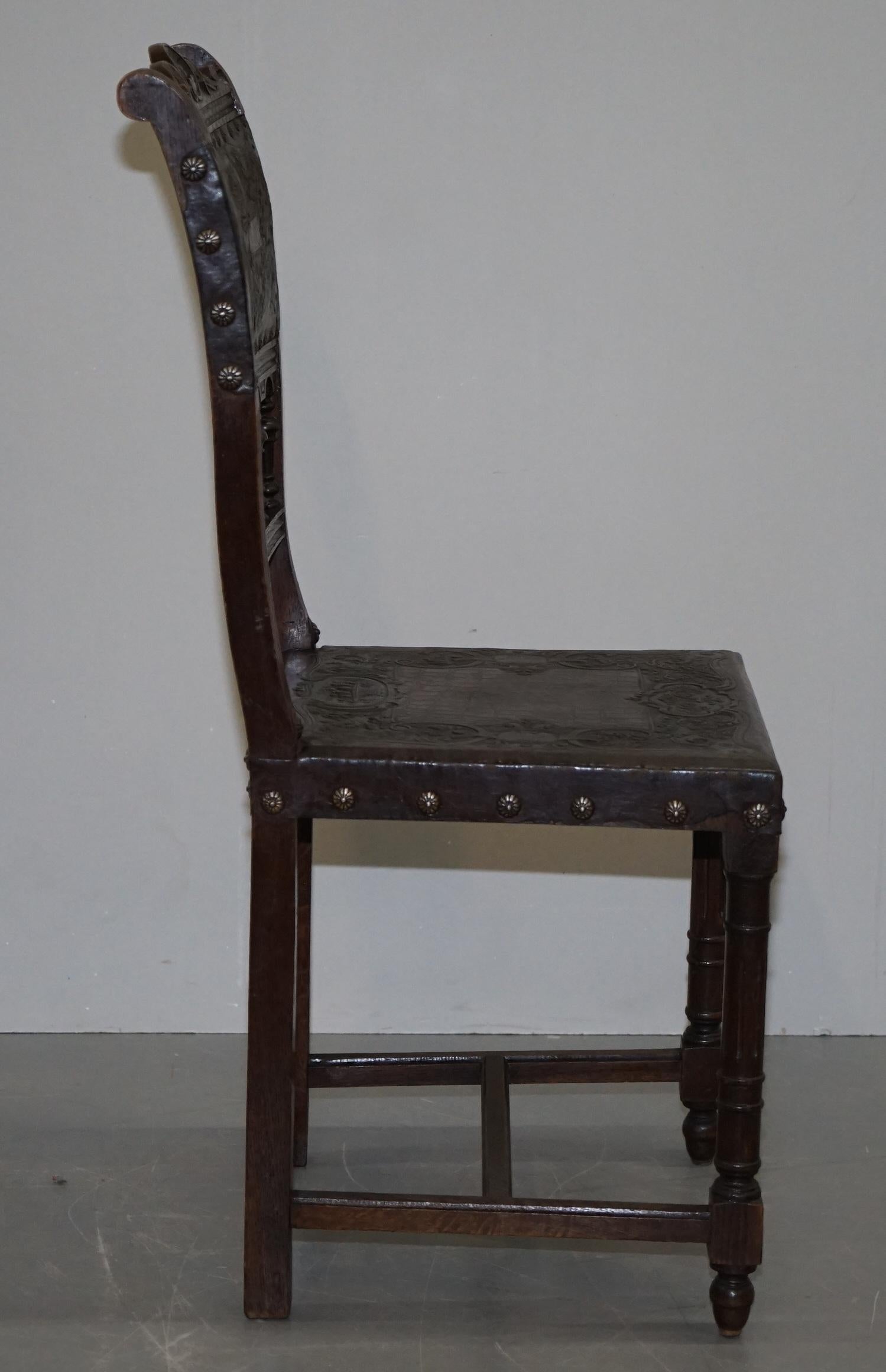 Six Henry II circa 1880 French Oak and Embossed Crocodile Leather Dining Chairs  For Sale 4