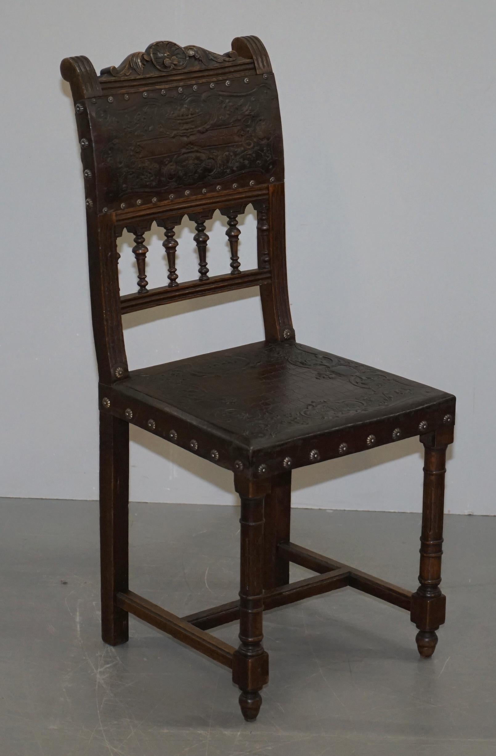 Six Henry II circa 1880 French Oak and Embossed Crocodile Leather Dining Chairs  For Sale 7