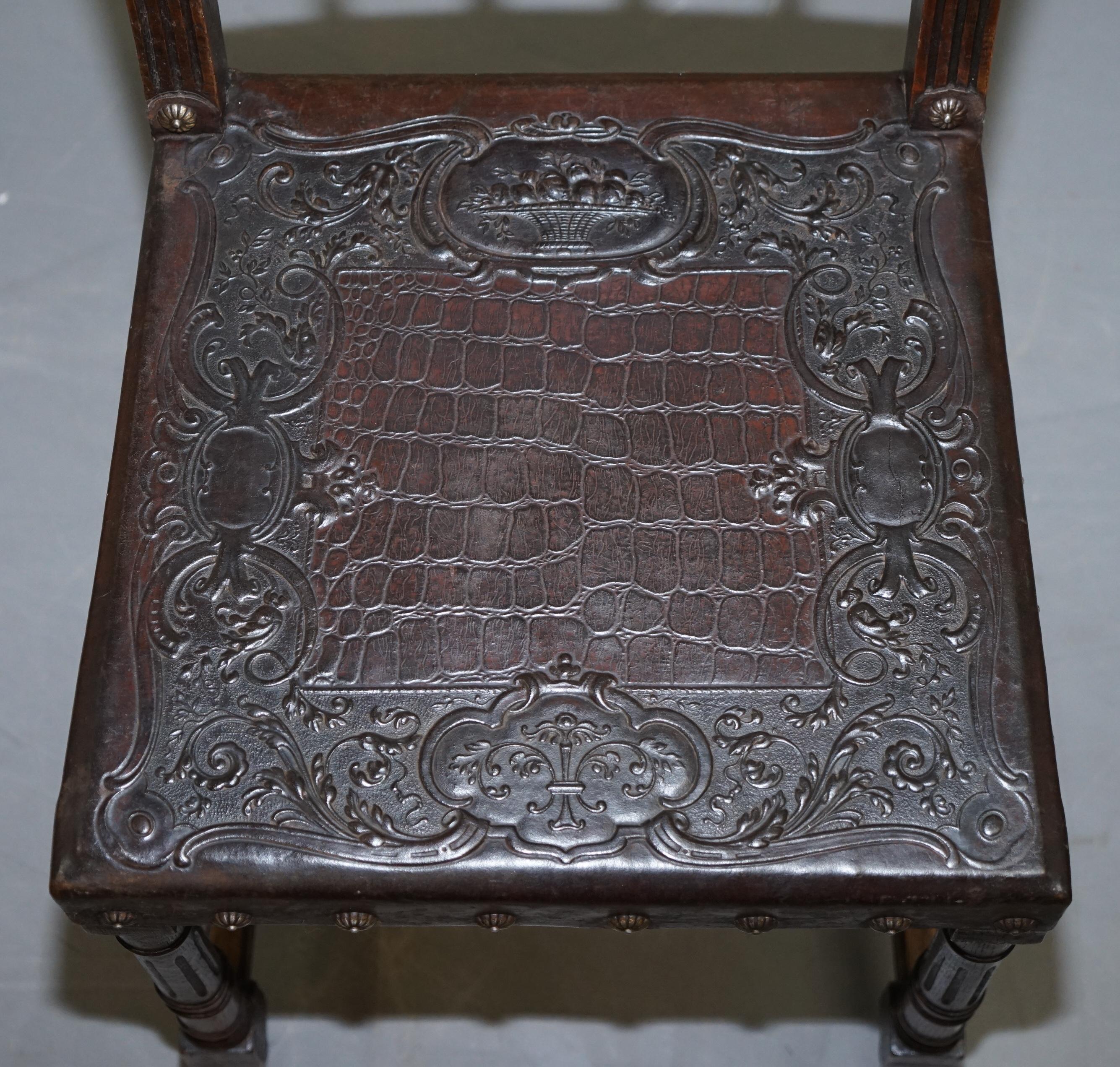 Six Henry II circa 1880 French Oak and Embossed Crocodile Leather Dining Chairs  For Sale 8