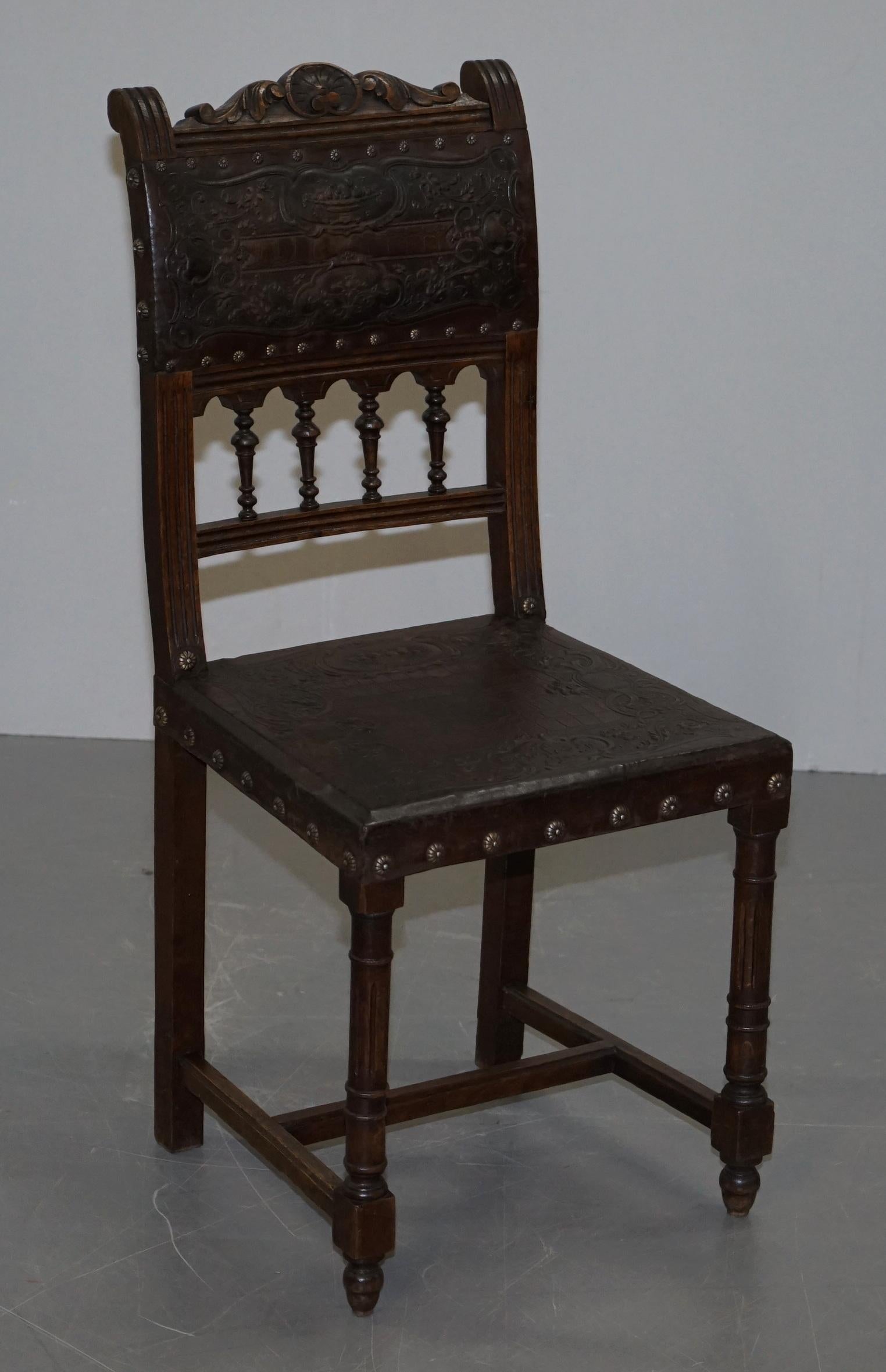 Six Henry II circa 1880 French Oak and Embossed Crocodile Leather Dining Chairs  For Sale 9