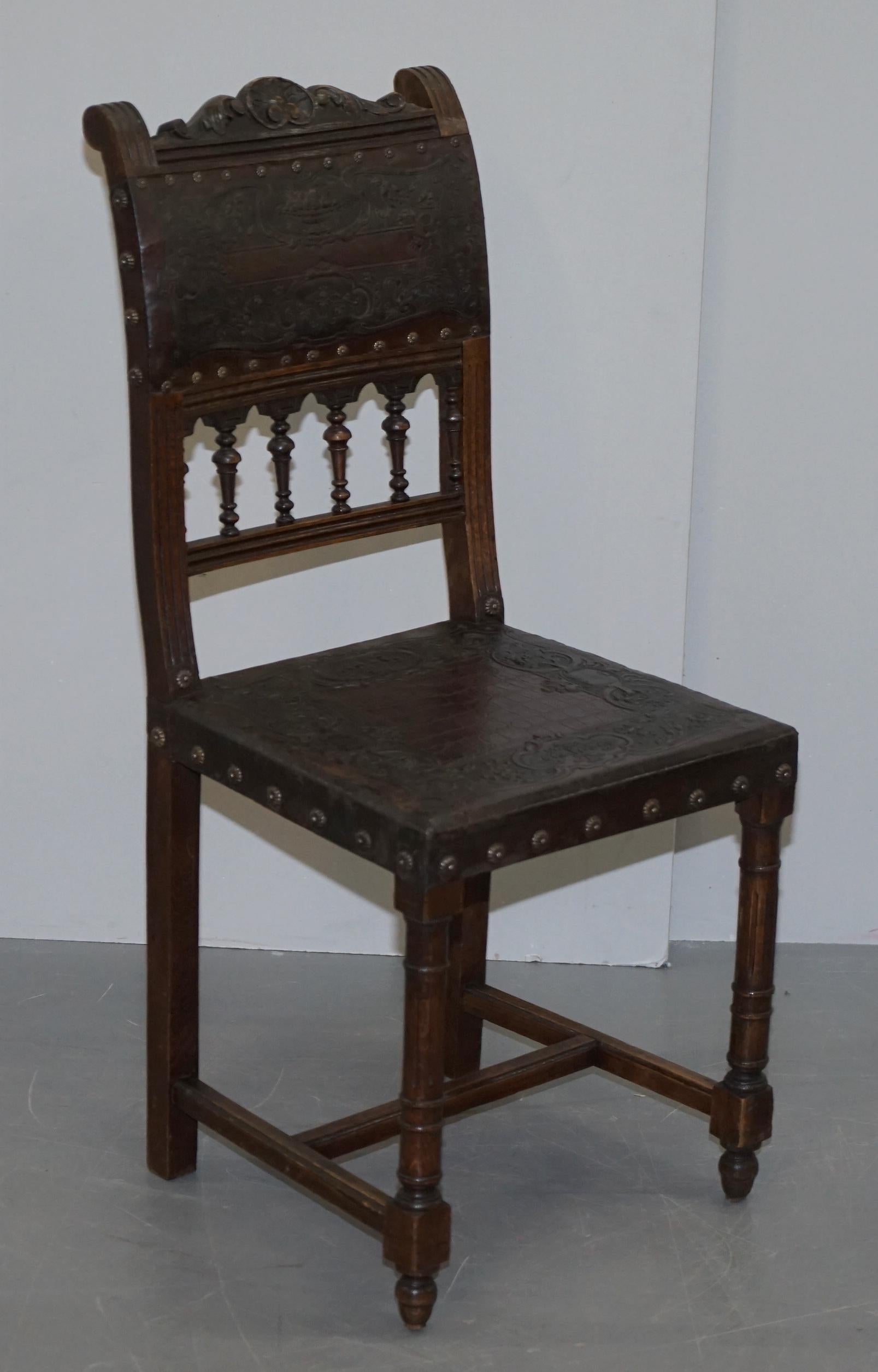 Six Henry II circa 1880 French Oak and Embossed Crocodile Leather Dining Chairs  For Sale 10