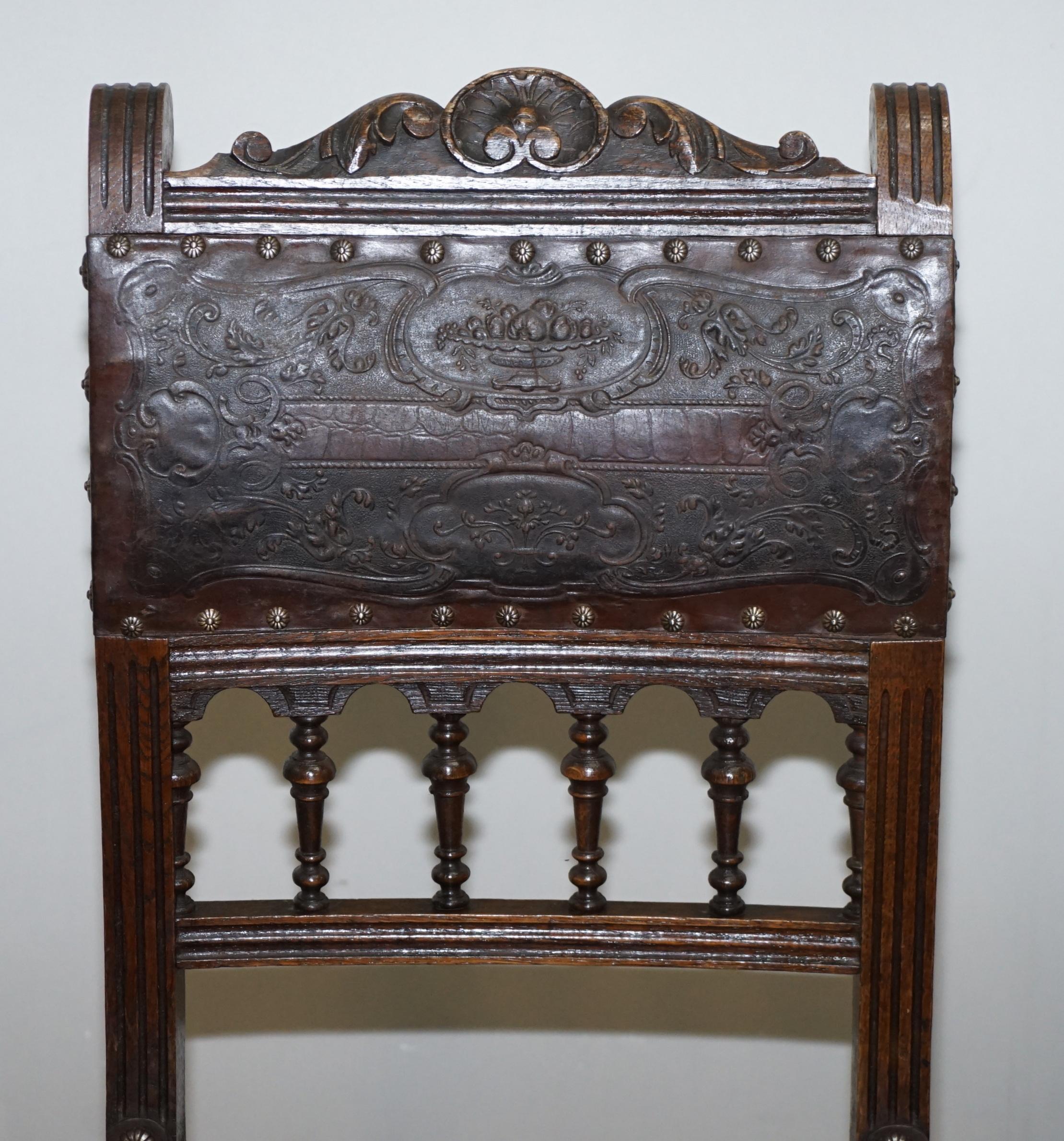 Six Henry II circa 1880 French Oak and Embossed Crocodile Leather Dining Chairs  For Sale 11