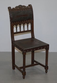 Six Henry II circa 1880 French Oak and Embossed Crocodile Leather Dining Chairs