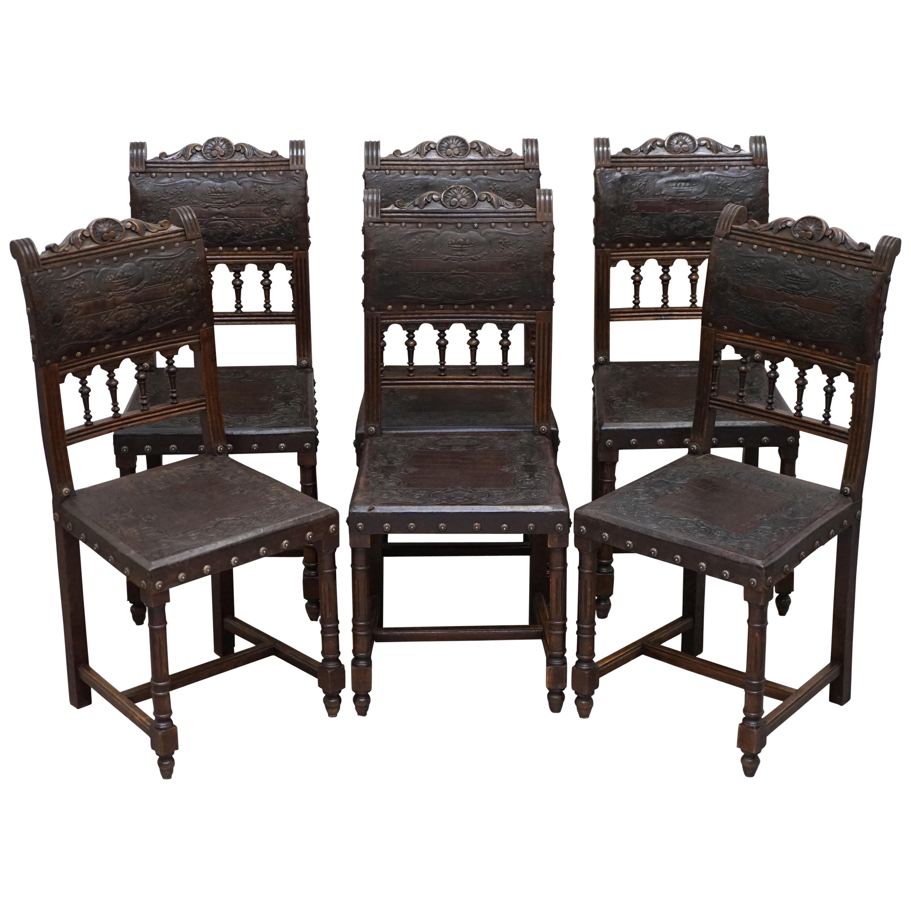 Six Henry II circa 1880 French Oak and Embossed Crocodile Leather Dining Chairs  For Sale