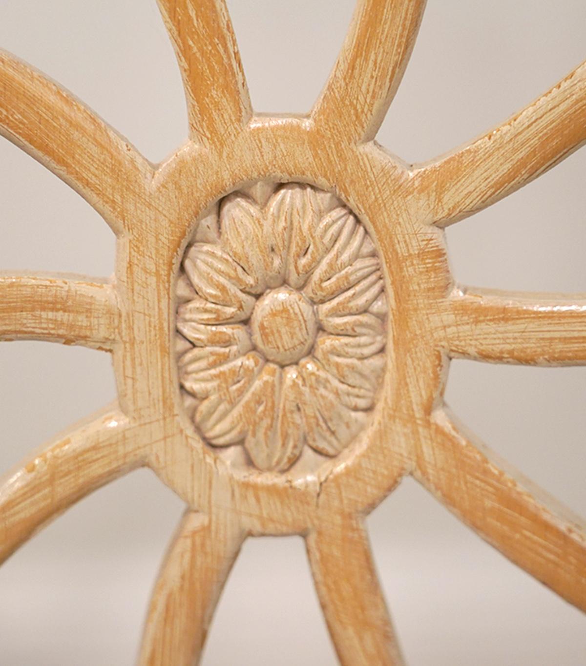 Carved Six Hepplewhite Style White Painted Spiderweb Back Dining Chairs, 20th Century