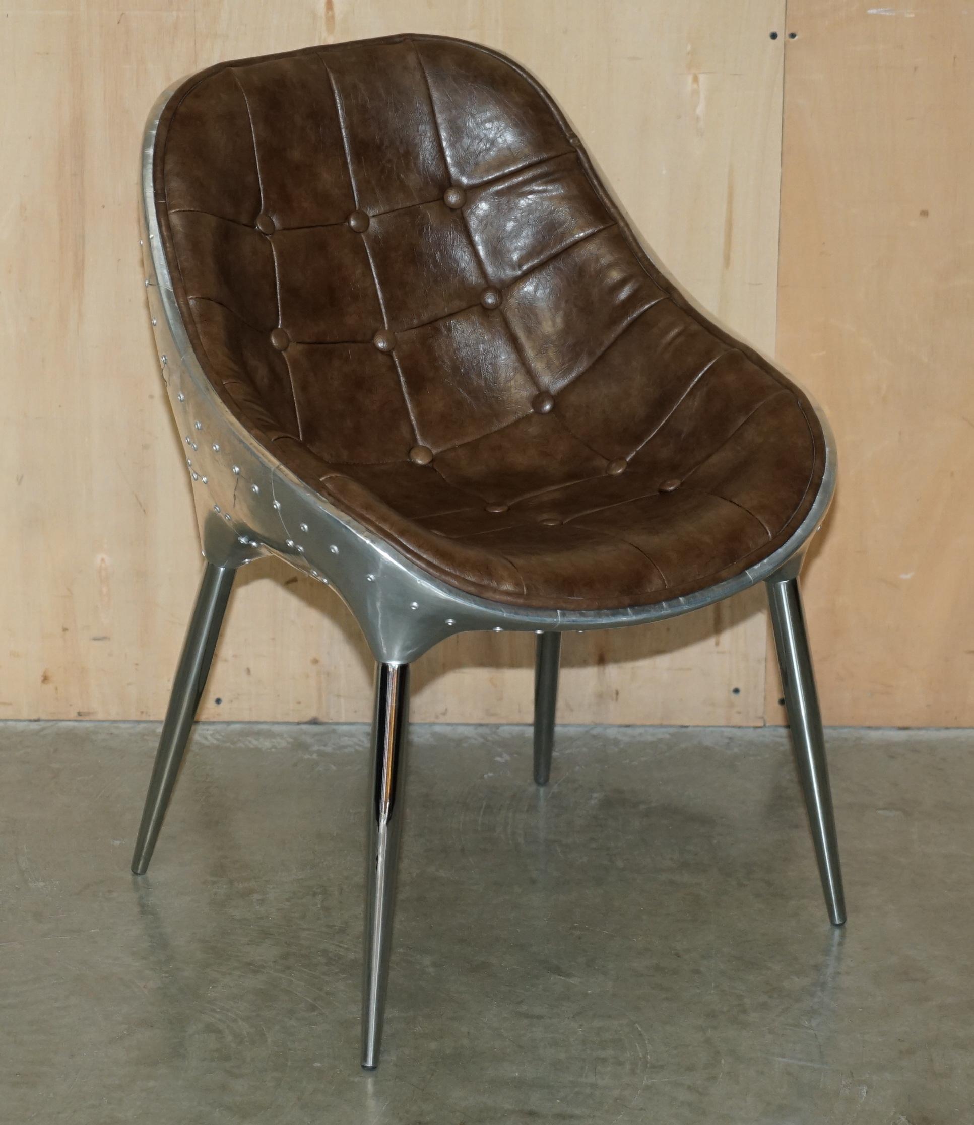 SIX HERITAGE BROWN LEATHER CHESTERFIELD TUFTED AVIATOR ALUMINIUM DINING CHAIRs 4
