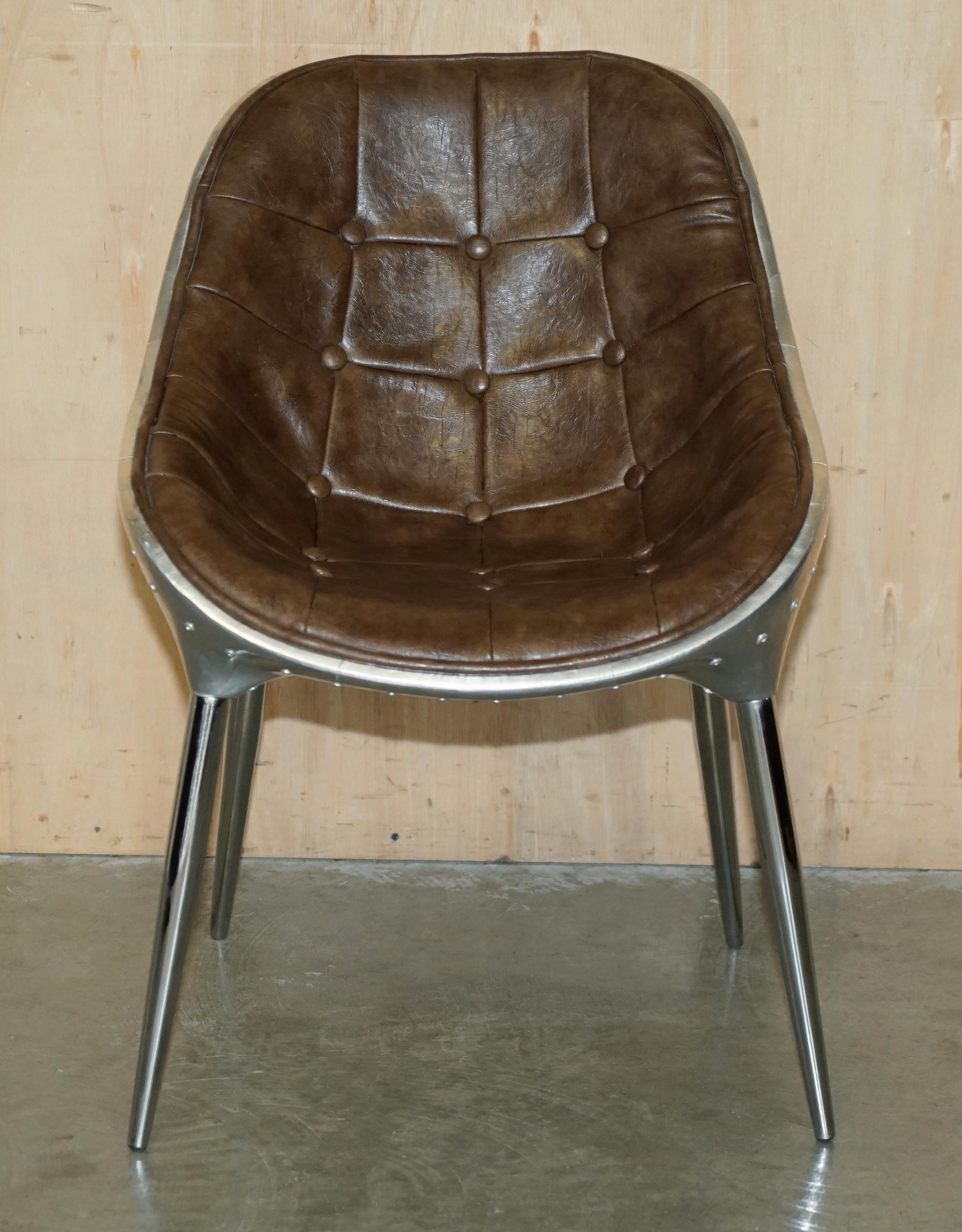 SIX HERITAGE BROWN LEATHER CHESTERFIELD TUFTED AVIATOR ALUMINIUM DINING CHAIRs 5