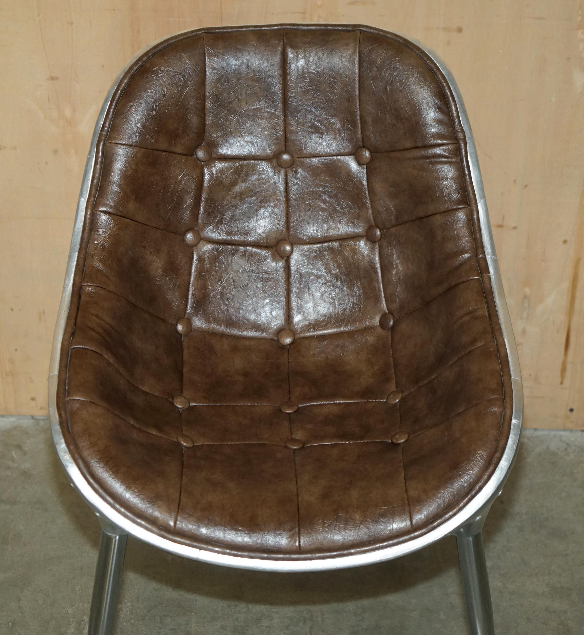 SIX HERITAGE BROWN LEATHER CHESTERFIELD TUFTED AVIATOR ALUMINIUM DINING CHAIRs 6