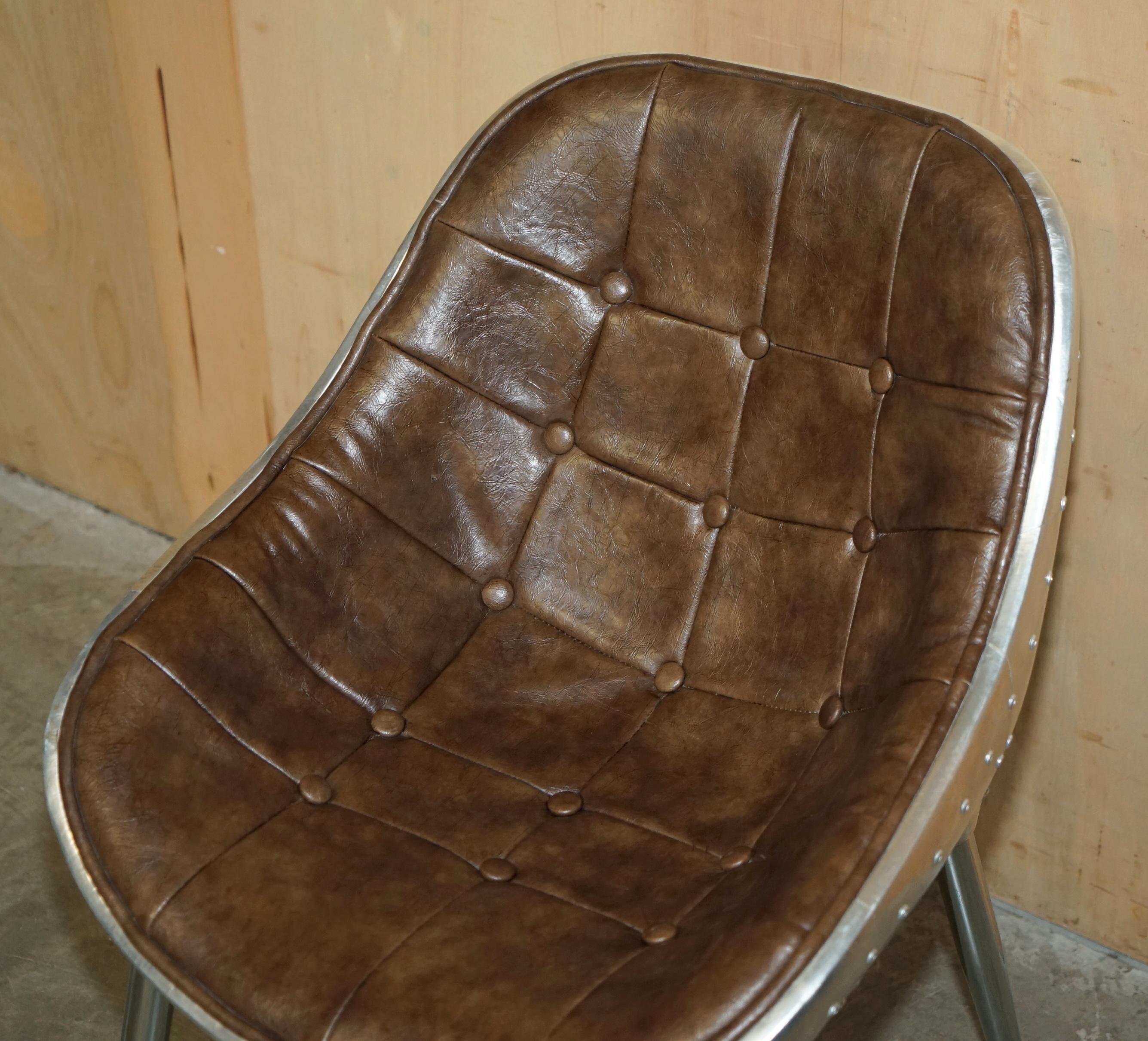 SIX HERITAGE BROWN LEATHER CHESTERFIELD TUFTED AVIATOR ALUMINIUM DINING CHAIRs 7