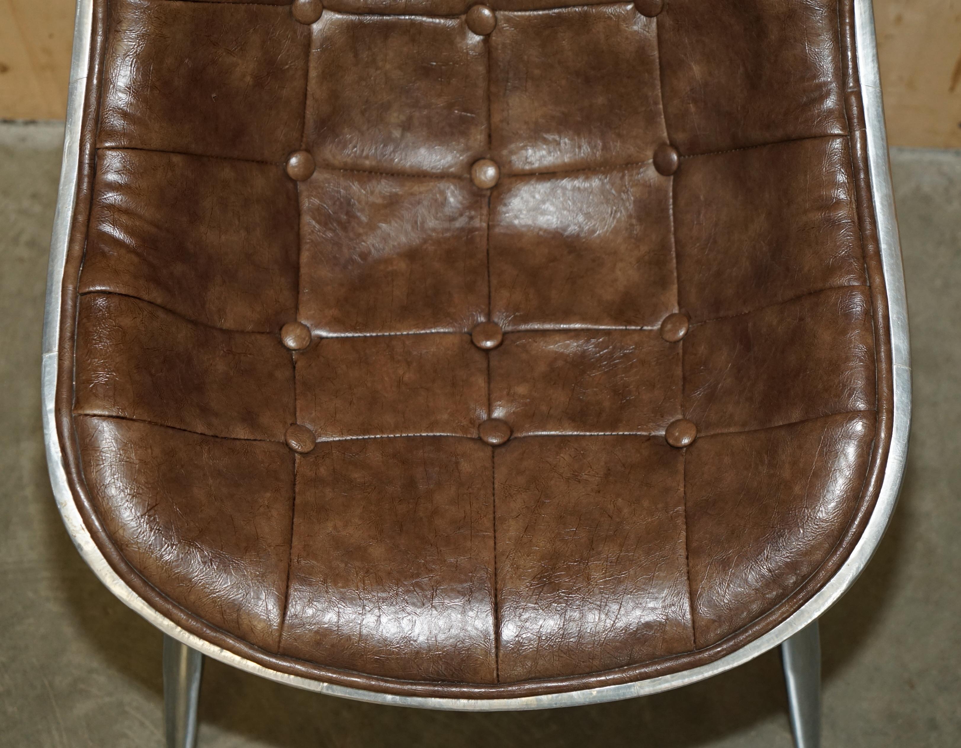 SIX HERITAGE BROWN LEATHER CHESTERFIELD TUFTED AVIATOR ALUMINIUM DINING CHAIRs 8