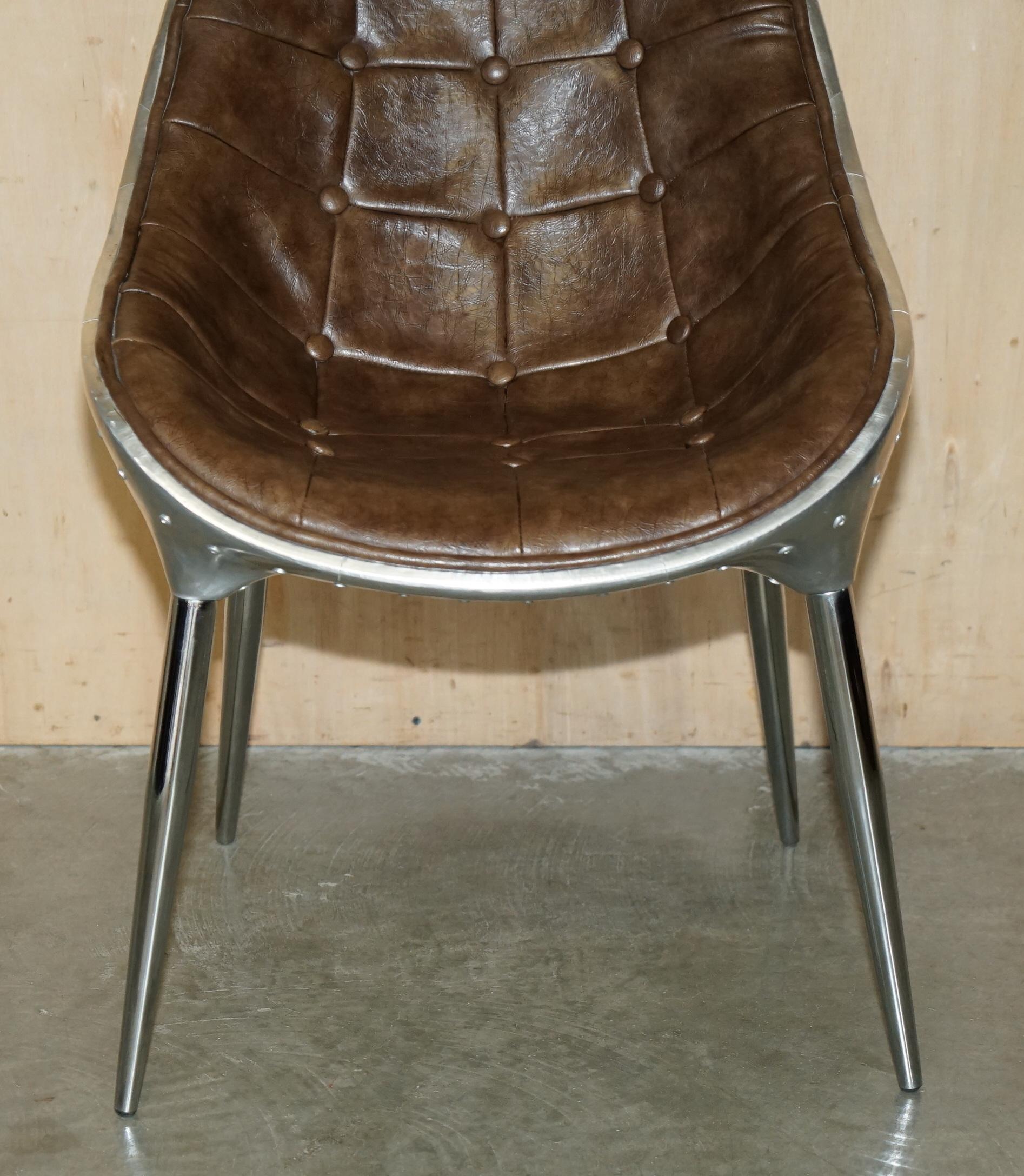 SIX HERITAGE BROWN LEATHER CHESTERFIELD TUFTED AVIATOR ALUMINIUM DINING CHAIRs 9