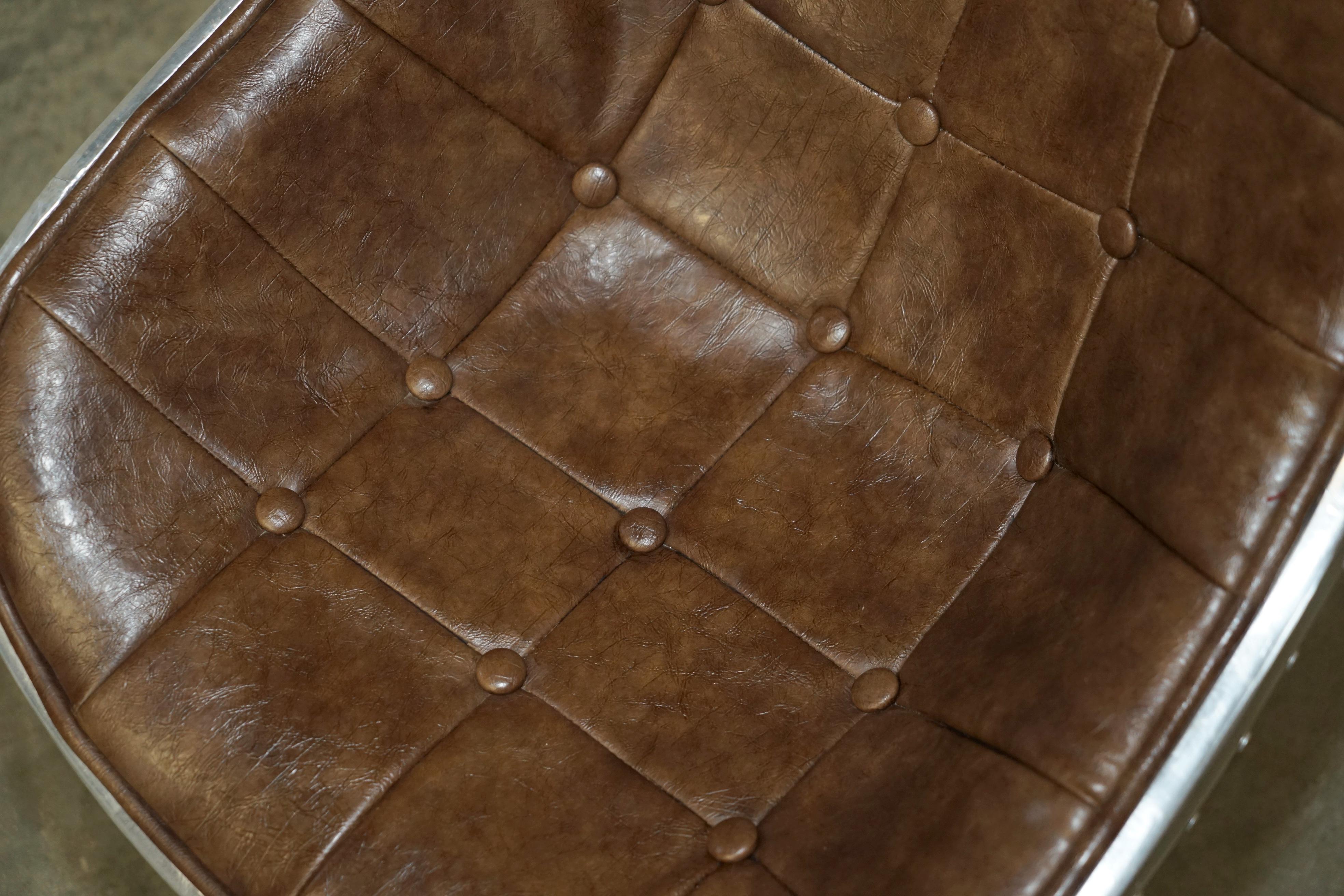 Hand-Crafted SIX HERITAGE BROWN LEATHER CHESTERFIELD TUFTED AVIATOR ALUMINIUM DINING CHAIRs
