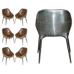 Vintage SIX HERITAGE BROWN LEATHER CHESTERFIELD TUFTED AVIATOR ALUMINIUM DINING CHAIRs