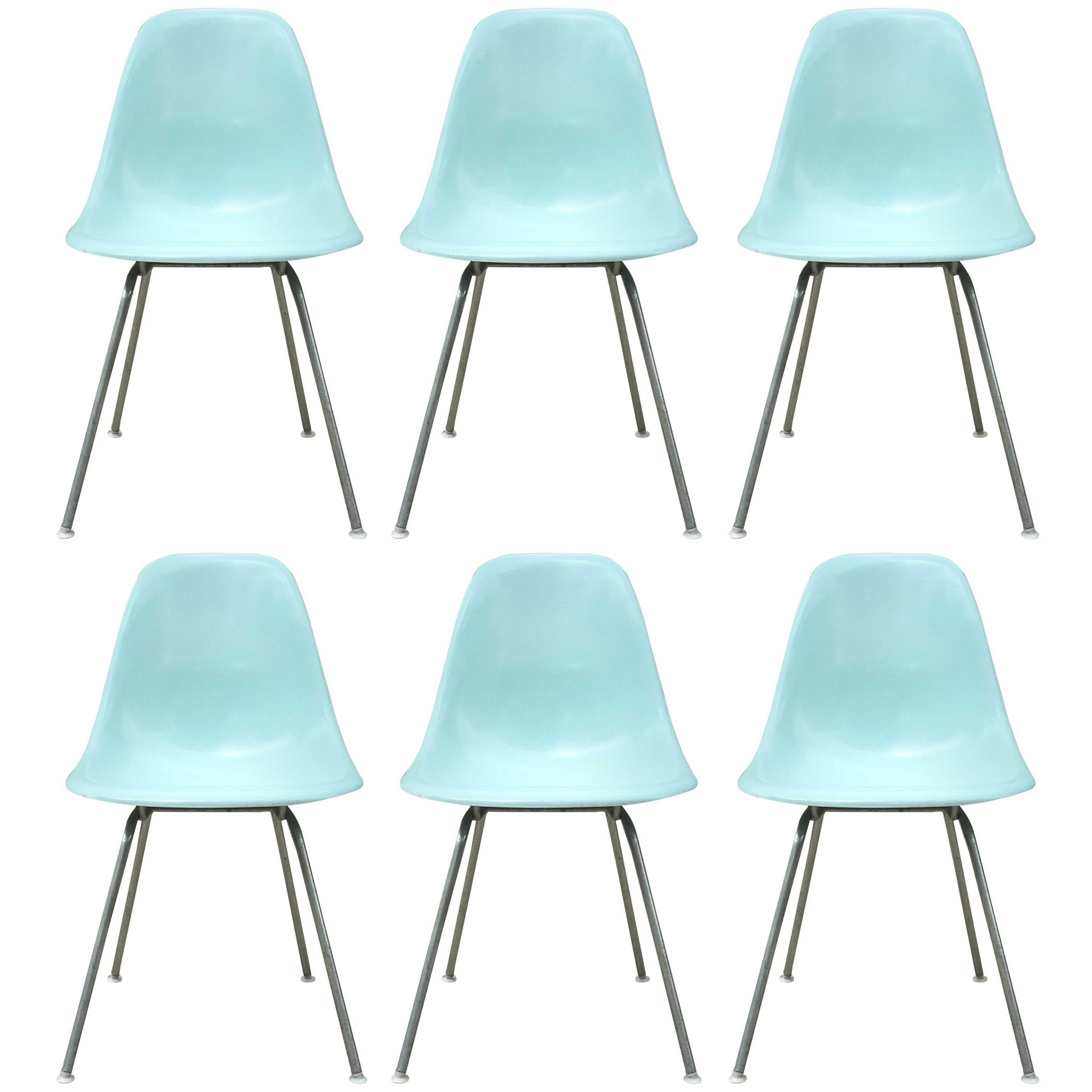 Six Herman Miller Eames Robin's Egg Blue Dining Chairs