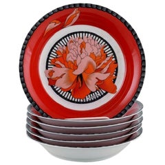 Six Hermes Porcelain Bowls Decorated with Red Flowers, 1980s