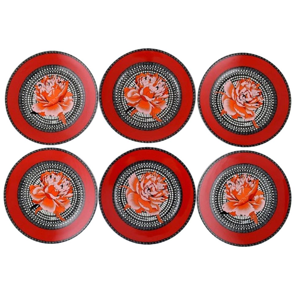 Six Hermes Porcelain Dinner Plates Decorated with Red Flowers, 1980s