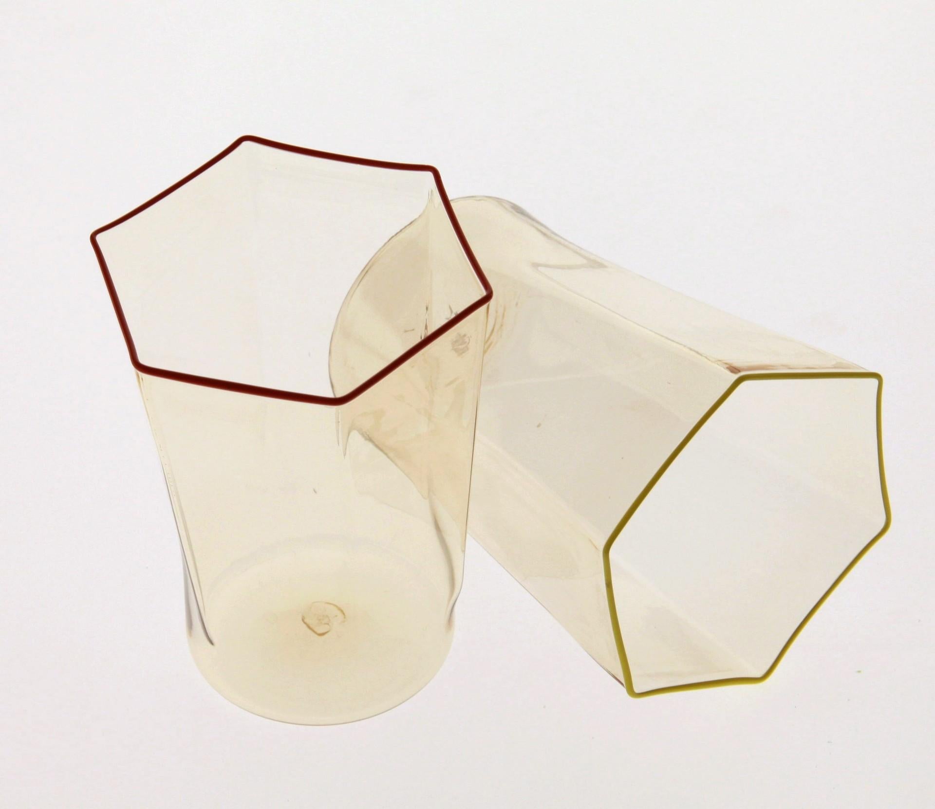 Six Hexagonal Pagliesco Glasses, Assorted Color Rim, Carlo Scarpa, 1932 Design 8