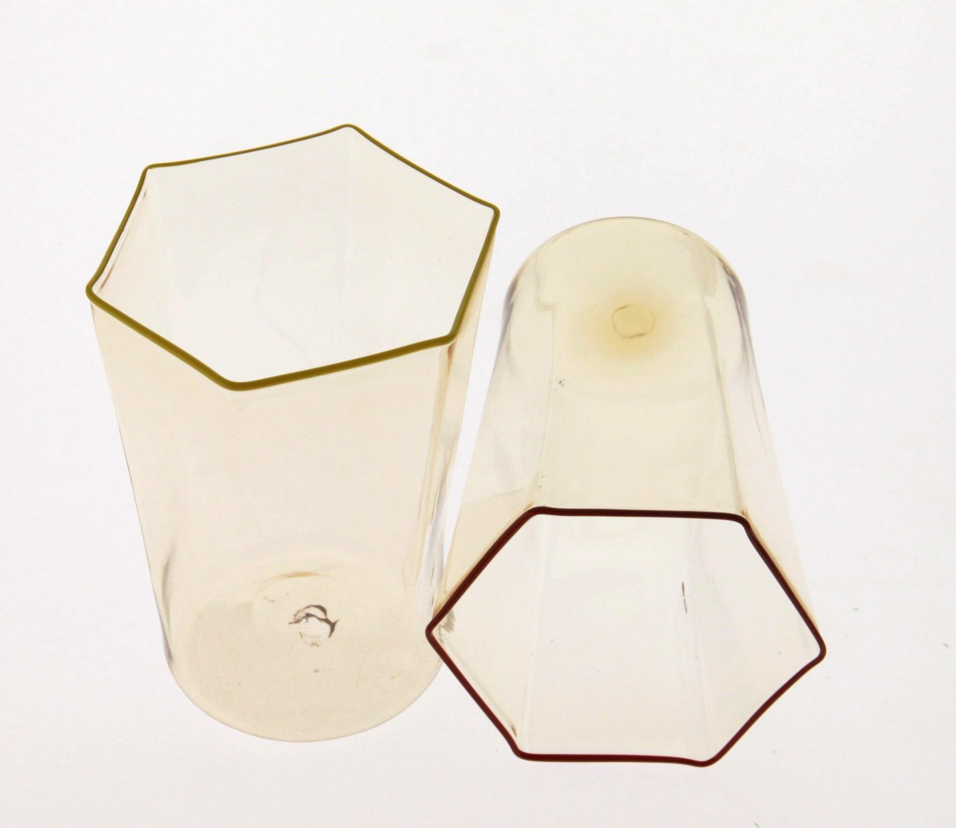 Six Hexagonal Pagliesco Glasses, Assorted Color Rim, Carlo Scarpa, 1932 Design 9