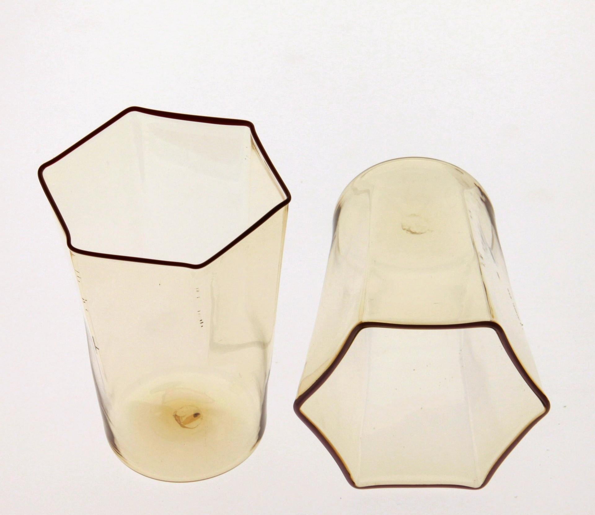 Six Hexagonal Pagliesco Glasses, Assorted Color Rim, Carlo Scarpa, 1932 Design 10