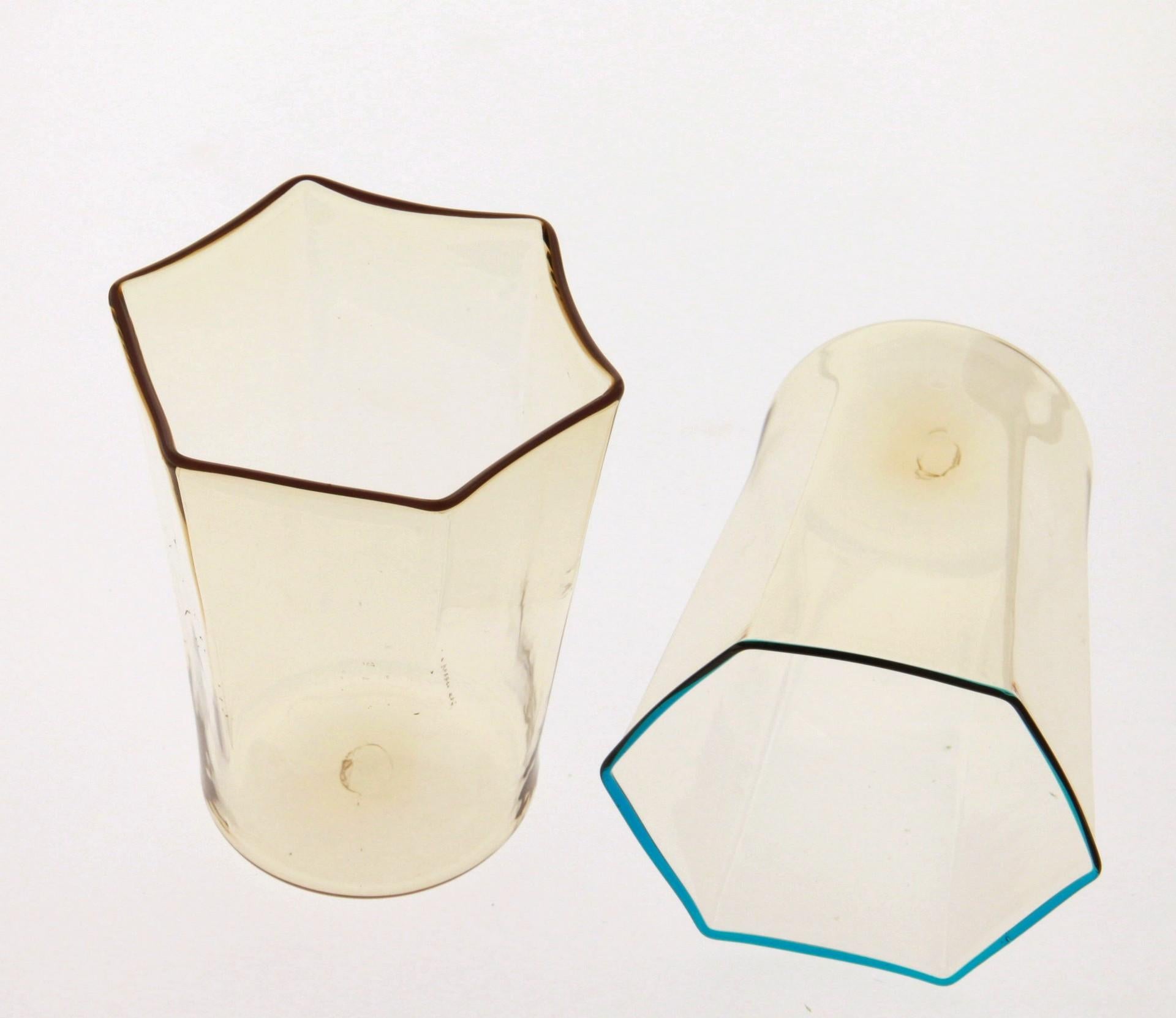 Six Hexagonal Pagliesco Glasses, Assorted Color Rim, Carlo Scarpa, 1932 Design 11