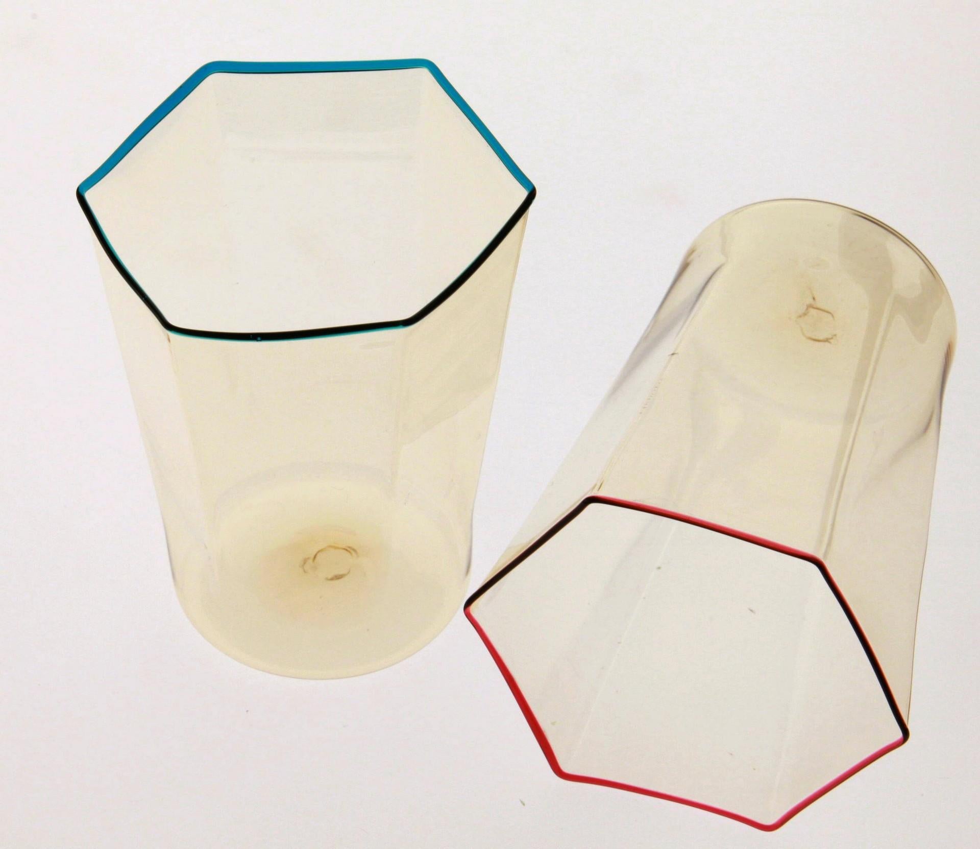 Six Hexagonal Pagliesco Glasses, Assorted Color Rim, Carlo Scarpa, 1932 Design 12