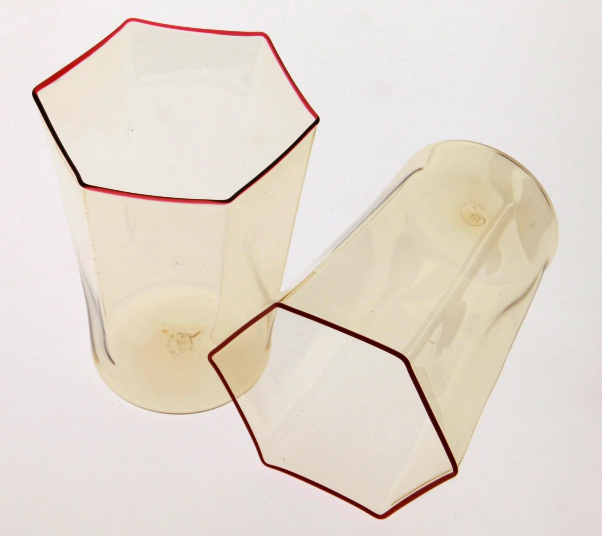 Six Hexagonal Pagliesco Glasses, Assorted Color Rim, Carlo Scarpa, 1932 Design 13