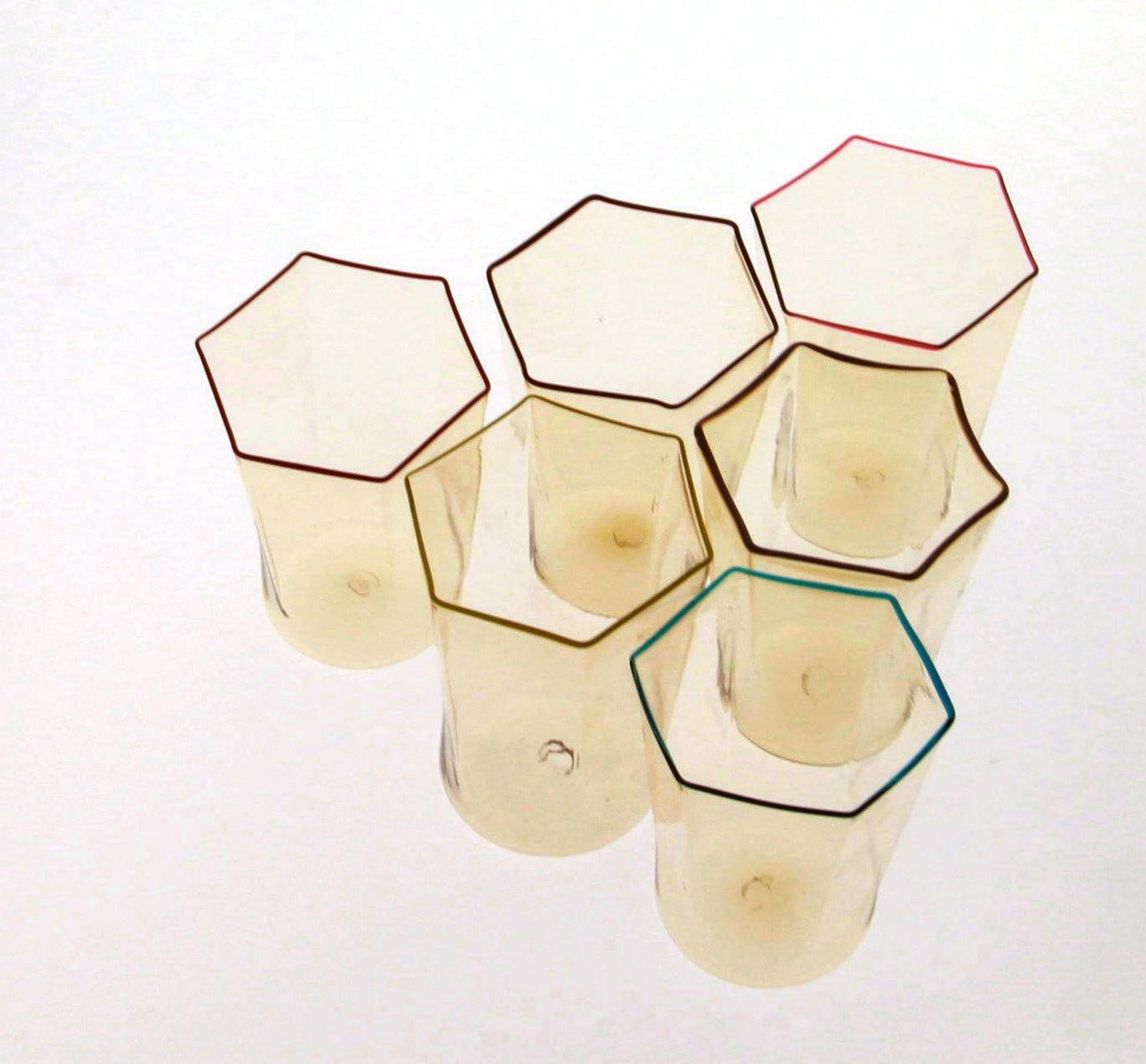 Mid-Century Modern Six Hexagonal Pagliesco Glasses, Assorted Color Rim, Carlo Scarpa, 1932 Design