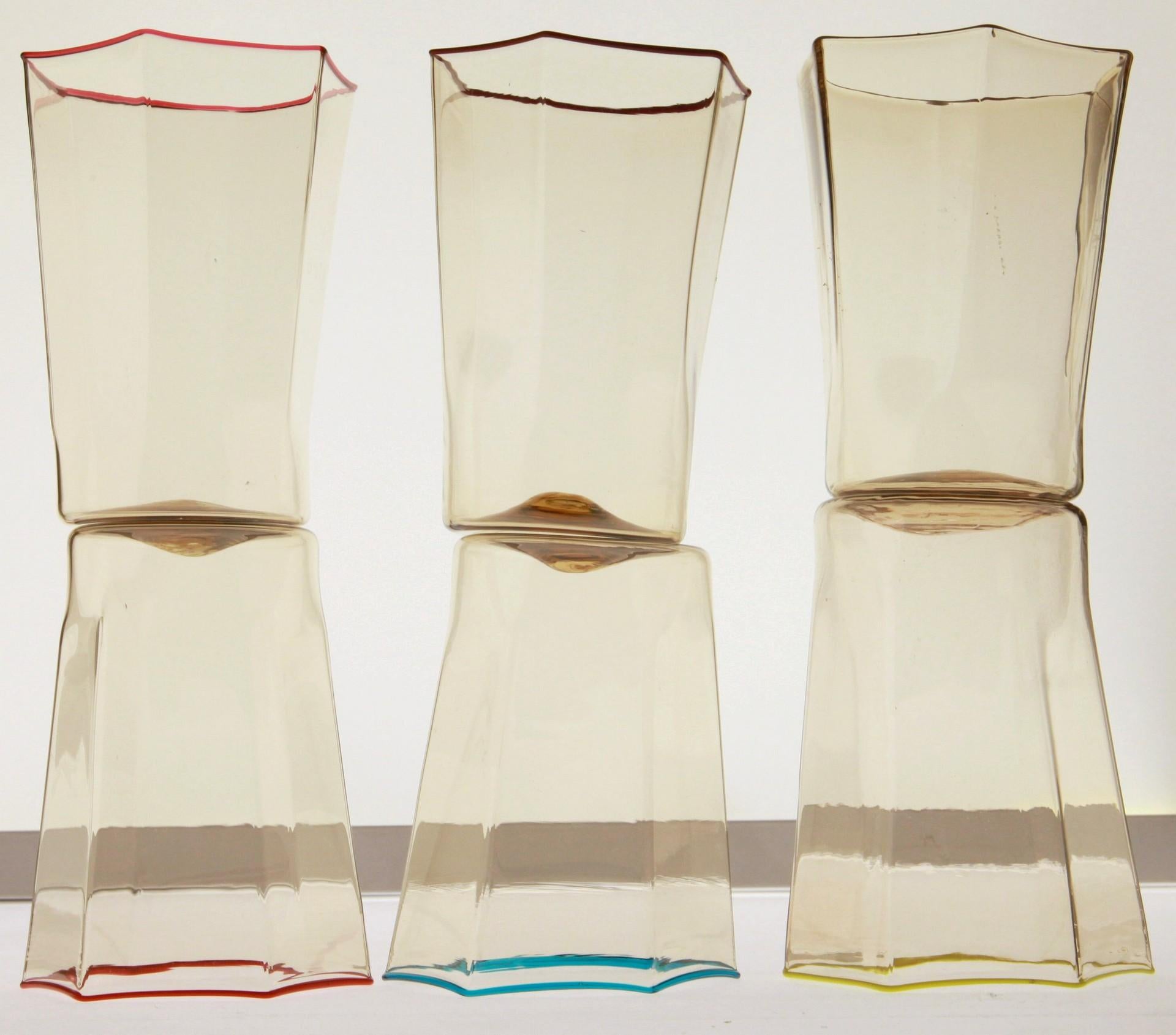 20th Century Six Hexagonal Pagliesco Glasses, Assorted Color Rim, Carlo Scarpa, 1932 Design