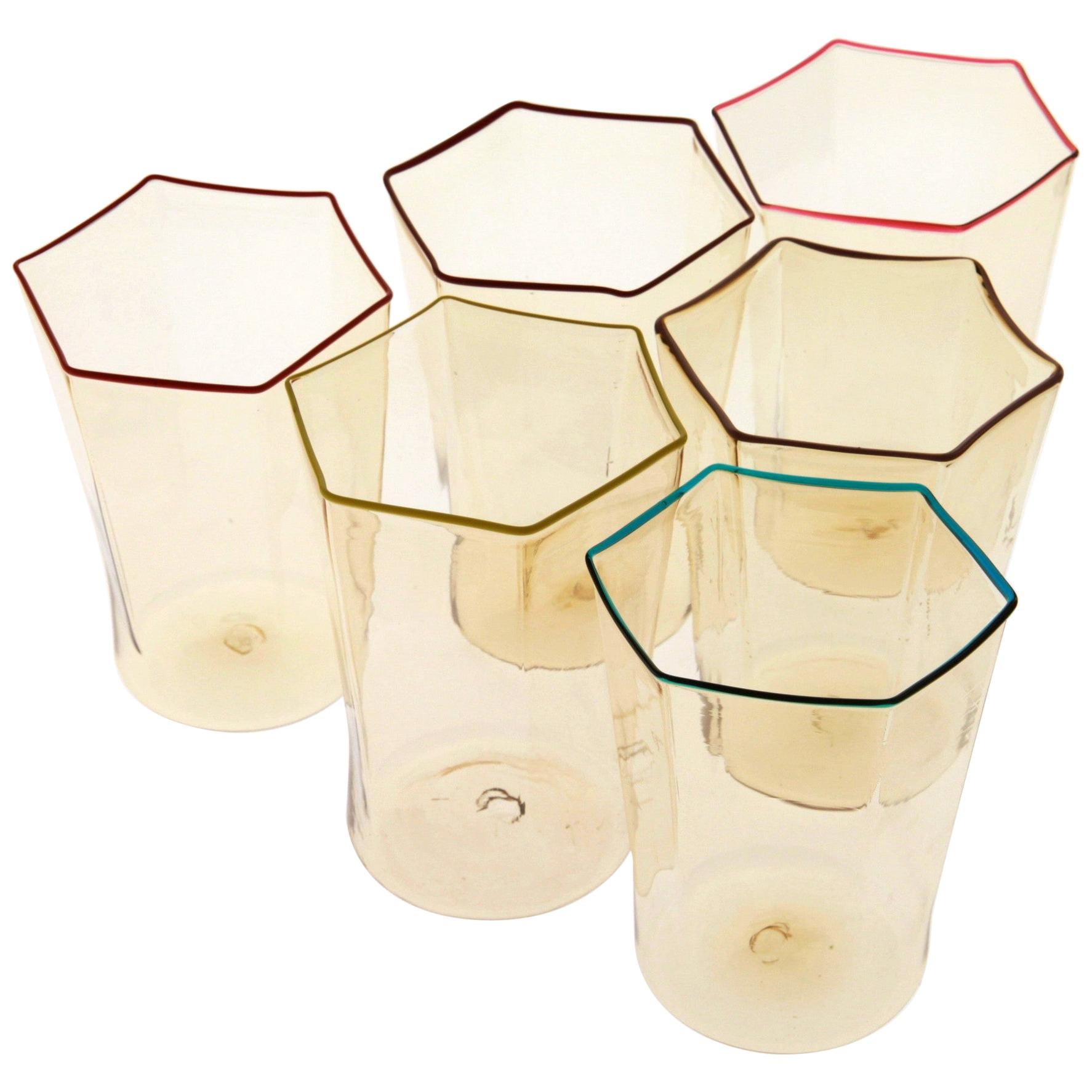 Six Hexagonal Pagliesco Glasses, Assorted Color Rim, Carlo Scarpa, 1932 Design