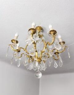 Six Holder Gilt Bronze Glass Pendants Chandelier Louis XV, 19th Century
