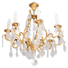 Six Holder Gilt Bronze Glass Pendants Chandelier Louis XV, 19th Century
