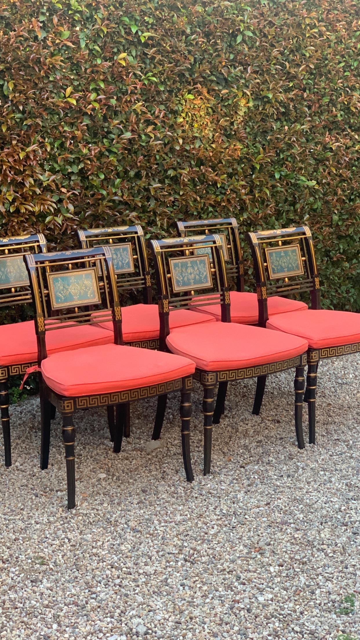 Six Hollywood Regency Lacquered Dining Chairs with Cushions In Good Condition In Los Angeles, CA
