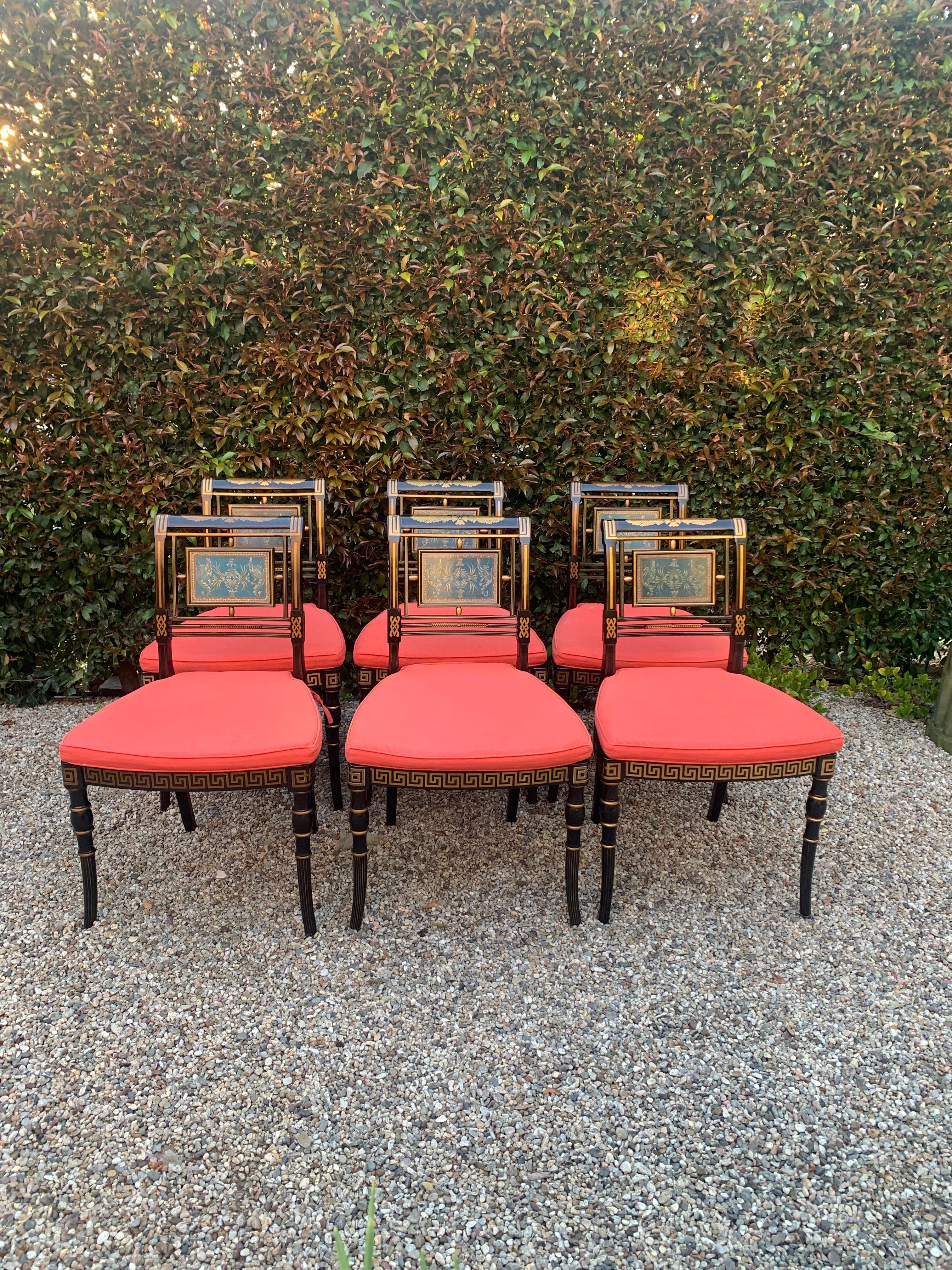 20th Century Six Hollywood Regency Lacquered Dining Chairs with Cushions