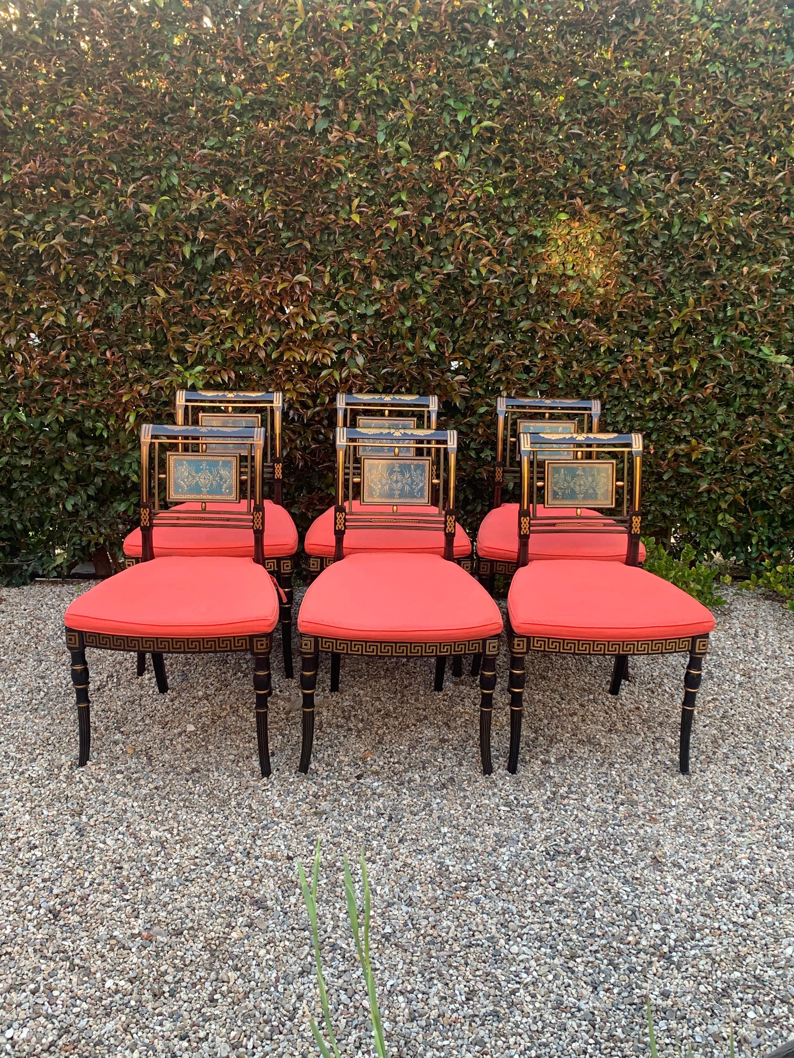 Wood Six Hollywood Regency Lacquered Dining Chairs with Cushions